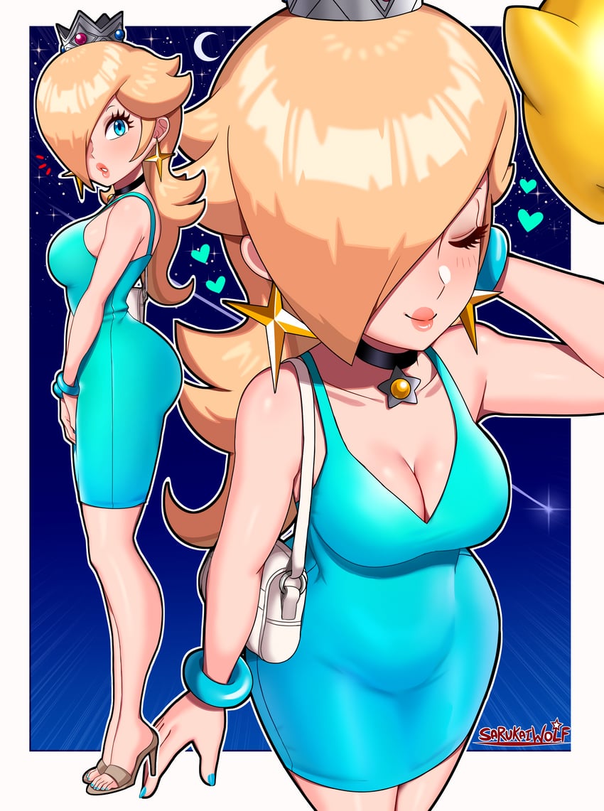 1girls bag bimbo black_choker blonde_hair blue_dress blue_eyes blue_nails bracelet breasts c-shape choker cleavage crown curvy dress earrings female full_body hair_over_one_eye heart high_heels jewelry large_breasts long_hair luma mario_(series) nail_polish necklace nintendo princess_rosalina sarukaiwolf short_dress shoulder_bag side_view sleeveless sleeveless_dress smile star_(symbol) star_choker star_earrings super_mario_galaxy toenail_polish toenails