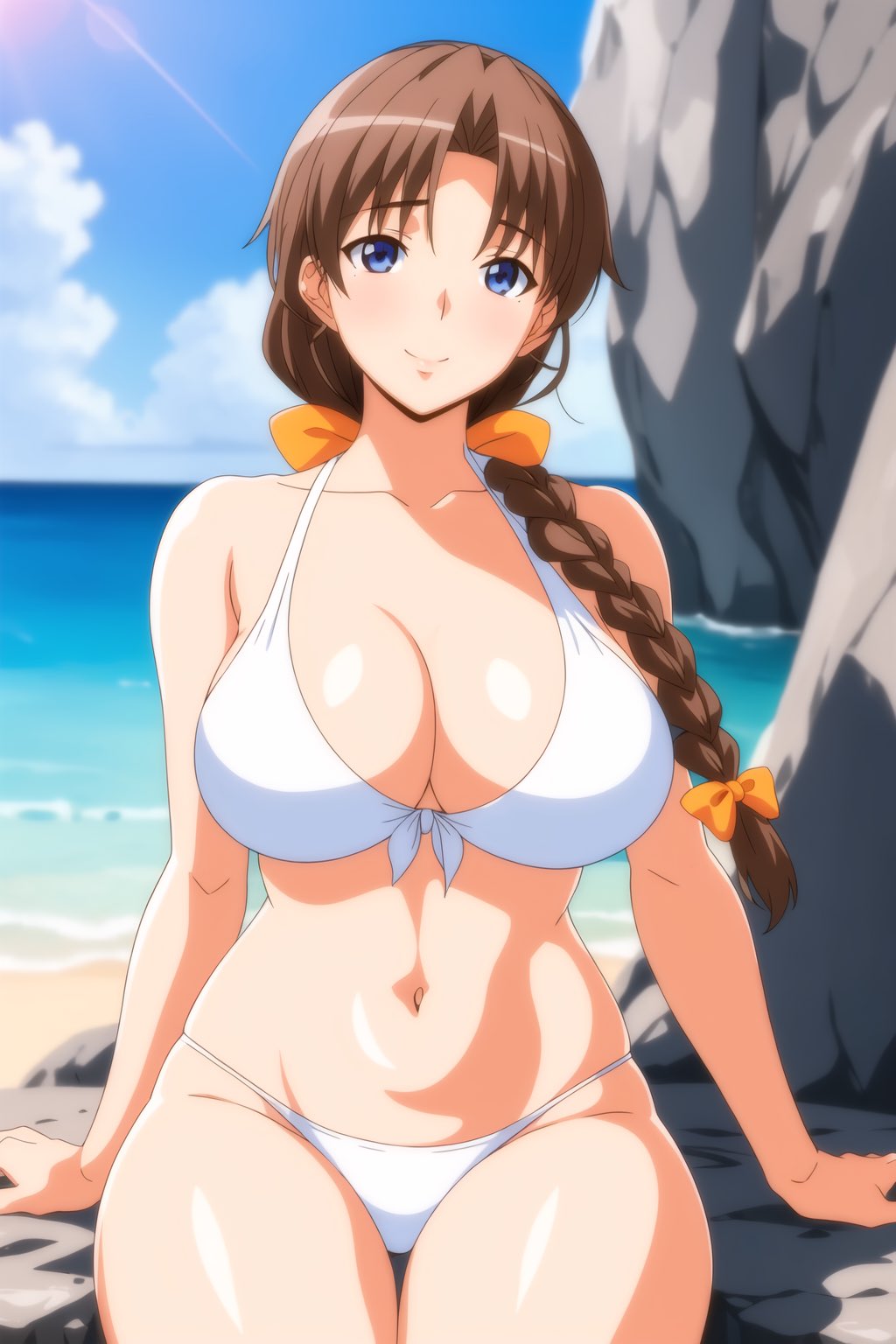 1girls ai_generated big_breasts bikini braid breasts breasts_focus brown_eyes brown_hair busty cleavage curvy female female_only front-tie_bikini front-tie_top hair_ribbon highres kyoko_(sweet_home) large_breasts legs mature_female mature_woman milf morobashi_kyouko moroboshi_kyouko navel ribbon smile solo sweet_home swimsuit thighs third-party_edit voluptuous