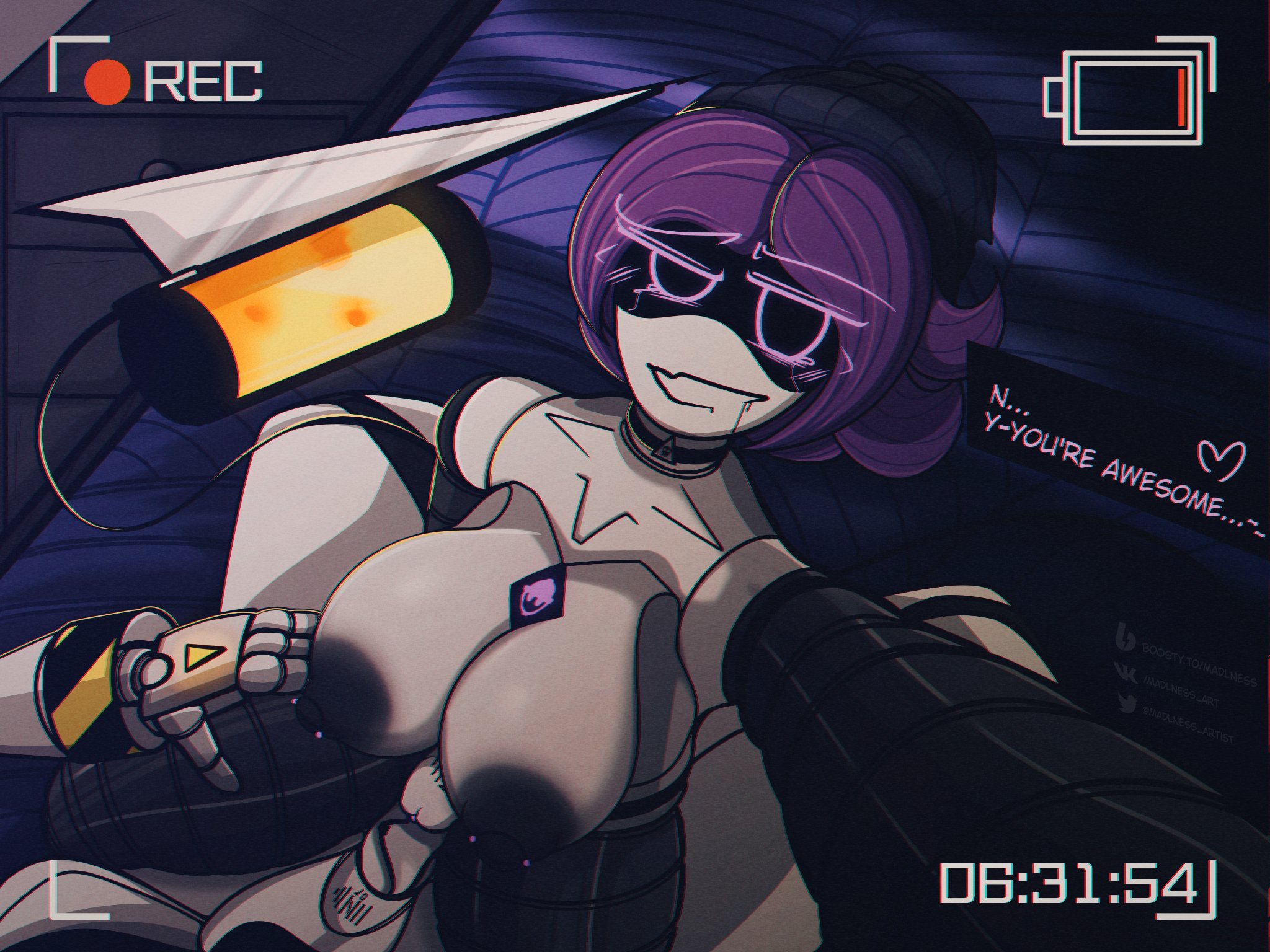 1boy, 1girls, 2d, areola, bed, big areola, big breasts, big nipples, breasts, camera, camera view, dialogue, dialogue box, disassembly drone, drone, female, glitch productions, holding camera, huge breasts, humanoid, humanoid female, humanoid male, looking at partner, madlness, male, murder drones, n (murder drones), nipples, penetration, penis, penis in pussy, pierced nipples, pleasure, pleasure face, pleasured, purple eyes, purple hair, pussy, robot, robot boy, robot girl, robot humanoid, screen face, sex, straight, tail, text, uzi (murder drones), visor, white body, worker drone