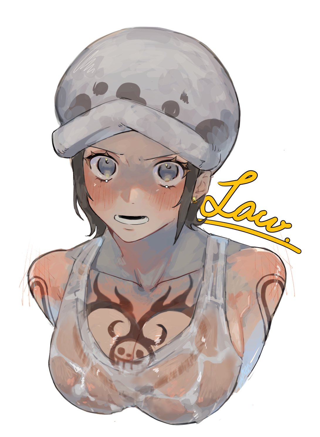 0psk, big breasts, black hair, blush, breasts, canon genderswap, chest tattoo, embarrassed, female, female only, genderswap, genderswap (mtf), grey eyes, hat, headwear, looking at viewer, no bra, one piece, rule 63, see-through clothing, short hair, shounen jump, solo, tank top, tattoos, trafalgar law, trafalgar law (female), upper body, wet clothes