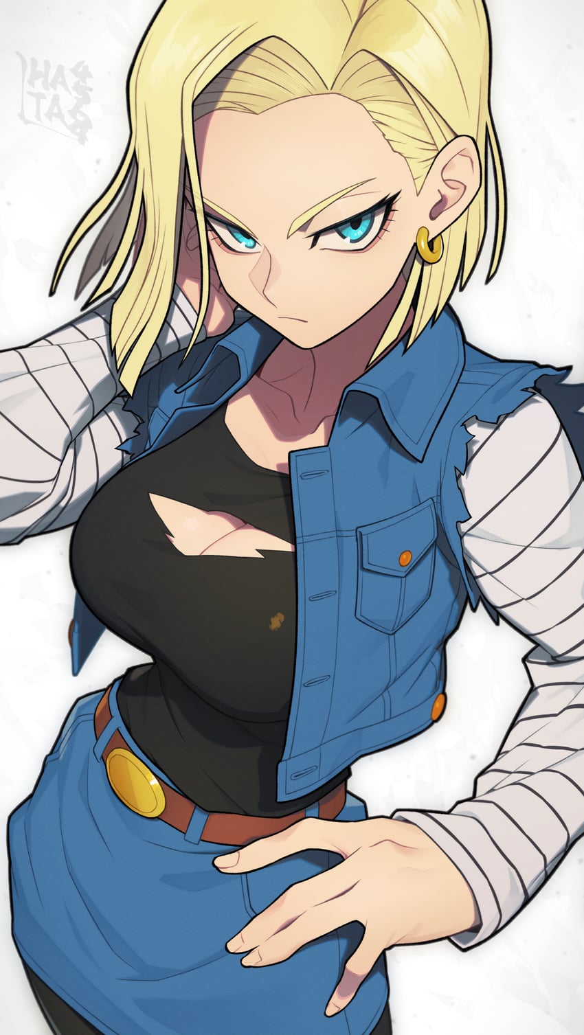 android_18 blonde_hair blue_eyes breasts cleavage_cutout clothing_cutout denim denim_jacket denim_skirt denim_vest dragon_ball dragon_ball_super dragon_ball_z earrings female highres jacket jeans jewelry lhata4564 pants pantyhose skirt solo striped_sleeves