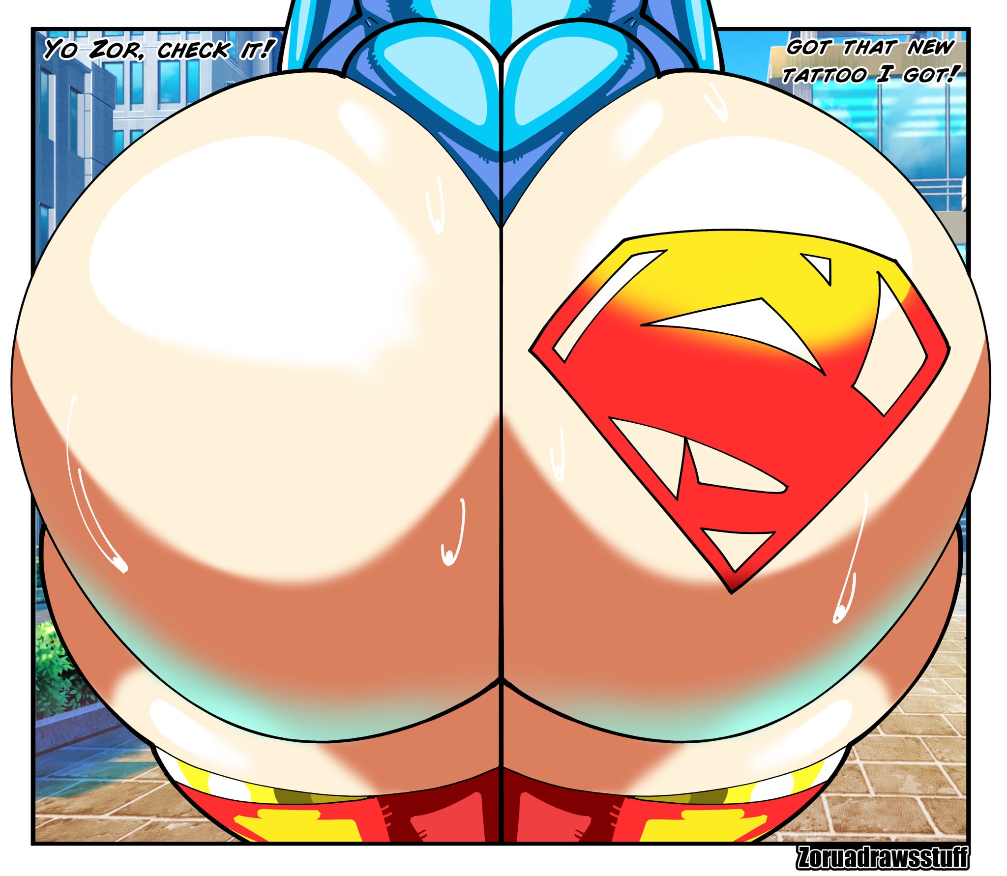 1girls, 2023, artist name, ass, ass bigger than head, ass focus, ass tattoo, back view, bodysuit, bottom heavy, briee (zoruadrawsstuff), costume, curvy, curvy figure, english text, fat ass, female, female focus, fully clothed, gigantic ass, hyper ass, large ass, leotard, light skin, light-skinned female, male, mature female, oc, offscreen character, offscreen male, original, original character, pale skin, pale-skinned female, rear view, revealing clothes, sideass, solo, solo focus, superhero costume, superheroine, sweat, sweatdrop, tattoo, tattoo on butt, text, thick thighs, white border, wide hips, zoruadrawsstuff
