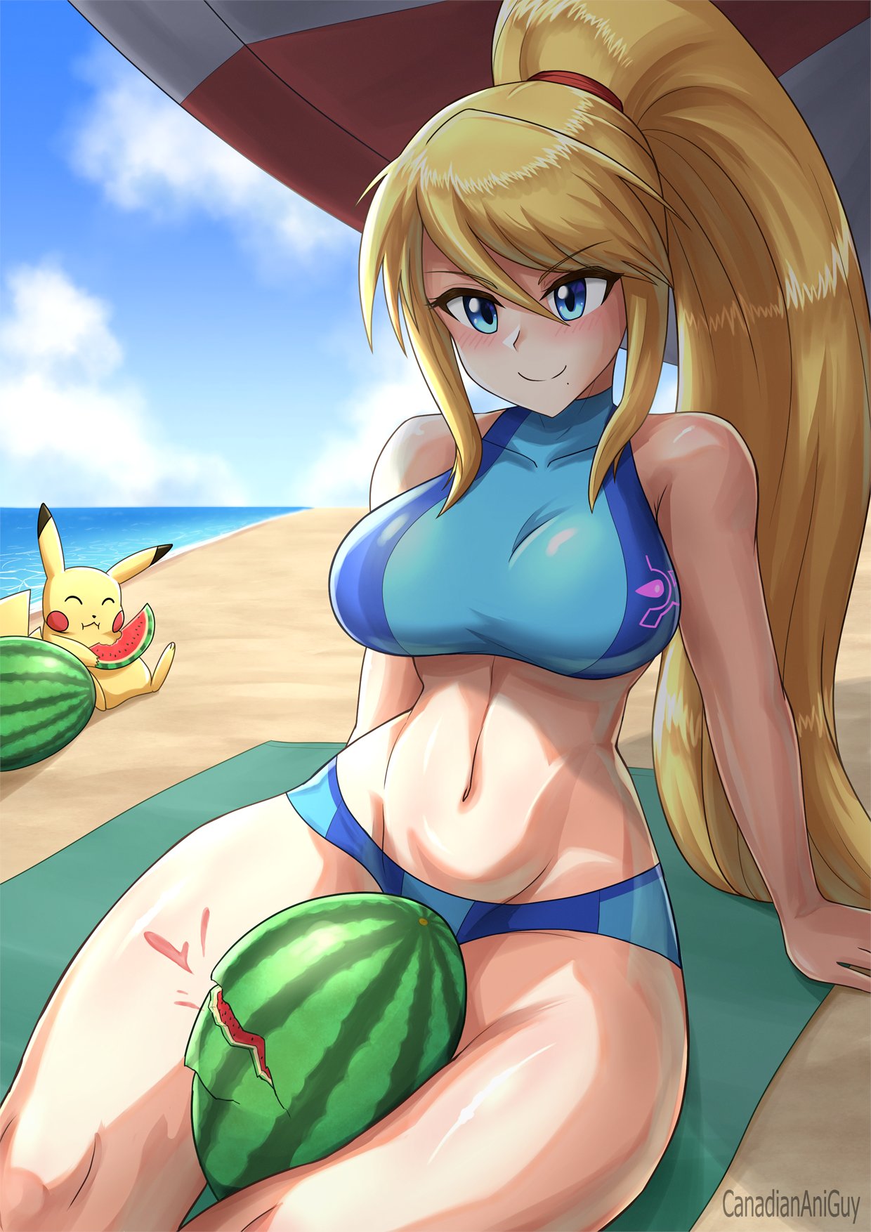 beach, beach towel, beach umbrella, big thighs, canadiananiguy, crushed object, crushing, crushing object, eating, eating food, eating fruit, eating watermelon, female, food, fruit, holding, holding food, holding fruit, holding object, holding watermelon, lying down, metroid, pikachu, pokemon, pokemon (species), revealing clothes, samus aran, thick thighs, thighs, watermelon, watermelon crushing, watermelon slice, zero suit samus