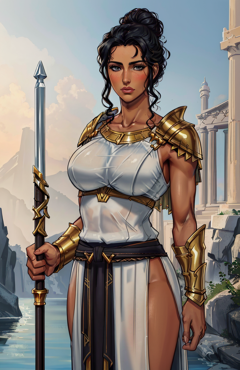 ai_generated athena athena_(greek_mythology) athletic_female black_hair brown_eyes goddess greece greek greek_mythology hair_bun medium_breasts mythology outdoors spear virgin