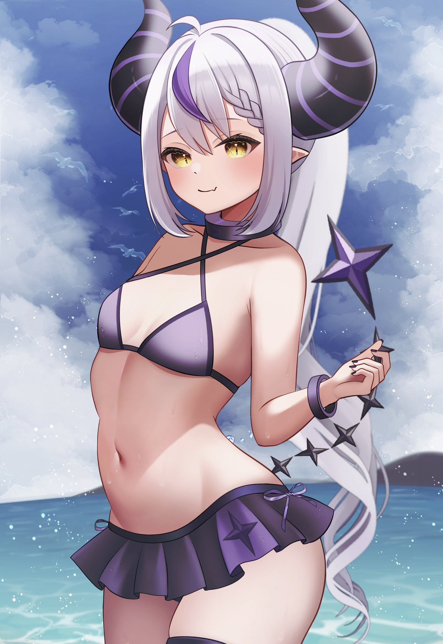 1girls, ass visible through thighs, breasts, cute, cute fang, fangs, female, female only, hololive, hololive japan, holox, la+ darknesss, miniskirt, nail polish, painted fingernails, painted nails, partially submerged, revealing clothes, skirt, small breasts, swimsuit, thick, thick thighs, virtual youtuber