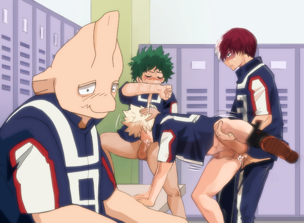 accurate_art_style bakubottom blush cum_in_ass cum_in_mouth cum_inside darkline exibitionism gay half_naked izuku_midoriya katsuki_bakugou koji_koda koji_kouda locker_room male male_only my_hero_academia public public_nudity public_sex shouto_todoroki spitroast tagme tagme_(character) threesome yaoi