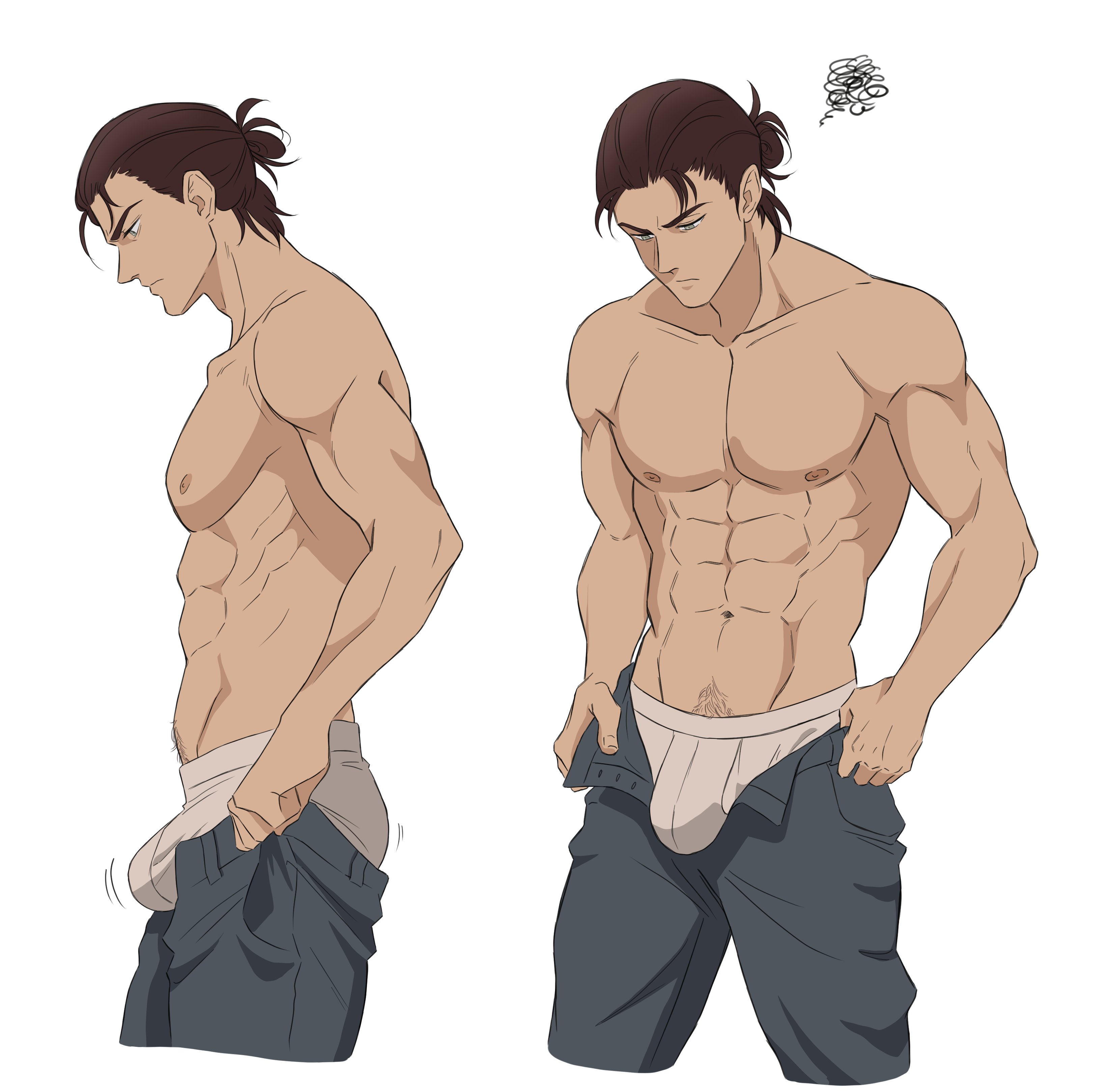 attack on titan, bulge, eren jaeger, jeans, male, male only, muscular, muscular male, no visible genitalia, solo, underwear