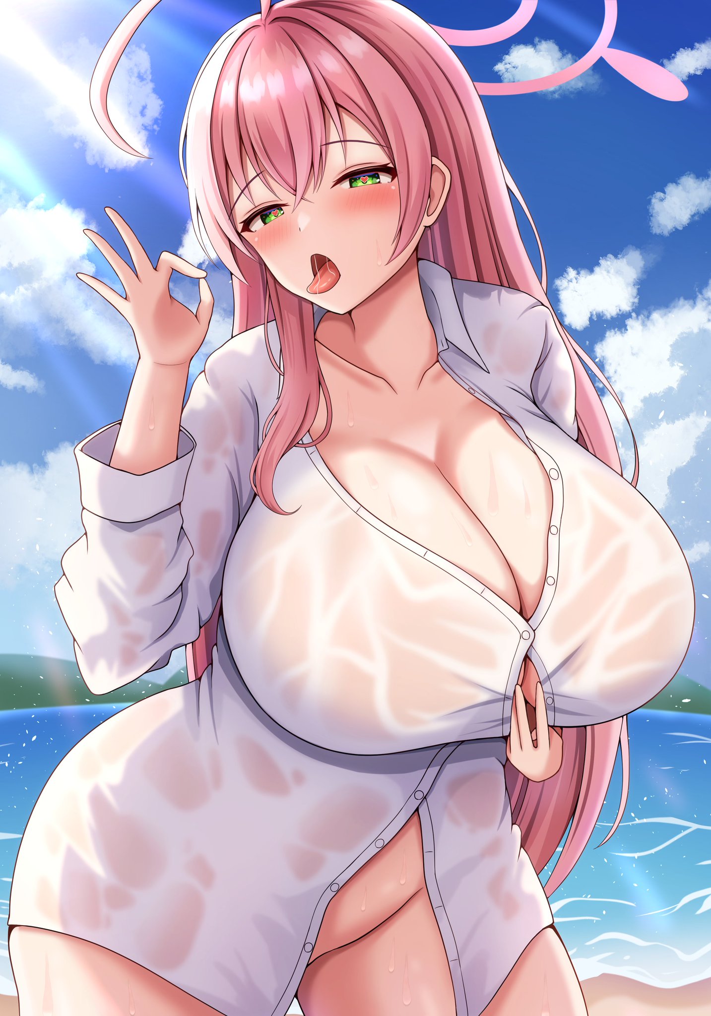 aroused, blue archive, breasts, cleavage, cleavage cutout, female, gigantic breasts, hanako (blue archive), hanako (swimsuit) (blue archive), heart-shaped pupils, in heat, mitomumitomu, naked shirt, no panties, suggestive gesture, tongue, tongue out, trinity general school student, wet, wet clothes, wet clothing, wet skin, white shirt