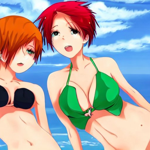 2girls ai_generated beach bikini blue_sky cleavage clouds female female_human female_only green_hair hair_over_eye hair_over_one_eye happy human human_female human_only ocean open_mouth orange_hair pooplool red_hair redhead sea slim smug smug_face stable_diffusion tagme thin thin_female tomboy