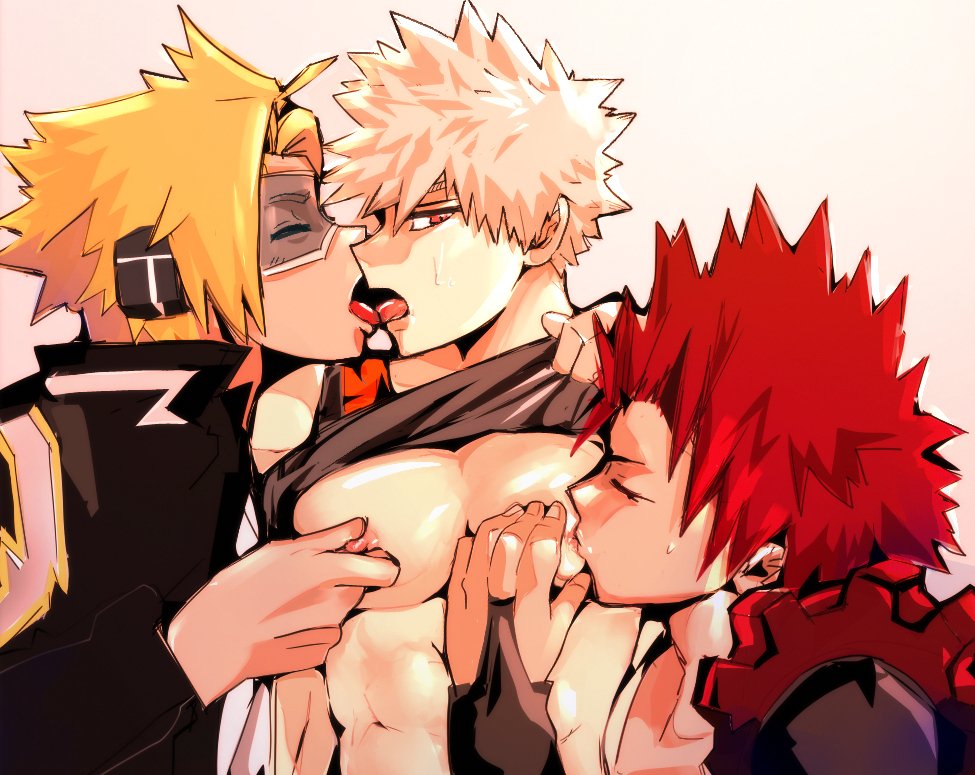 3boys, big breasts, breasts, collaborative, darkline, denki kaminari, eijirou kirishima, gay, katsuki bakugou, kissing, male, male breasts, male only, male with breasts, my hero academia, nipple pinch, nipple play, nipple suck, nipple tweak, nipples, no visible genitalia, tagme, threesome, undressing, yaoi