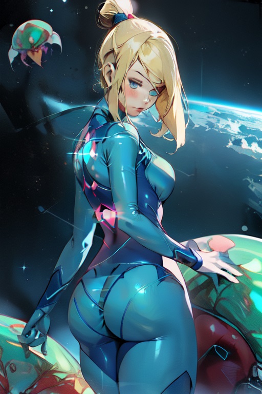 1girls ai_generated alternate_version_available ass blonde_hair blonde_ponytail blue_eyes bounty_hunter butt female in_space metroid metroid_(creature) nintendo pixai planet pooplool round_ass round_butt samus samus_aran slim_female slim_figure solo solo_female tagme thin thin_female zero_suit_samus