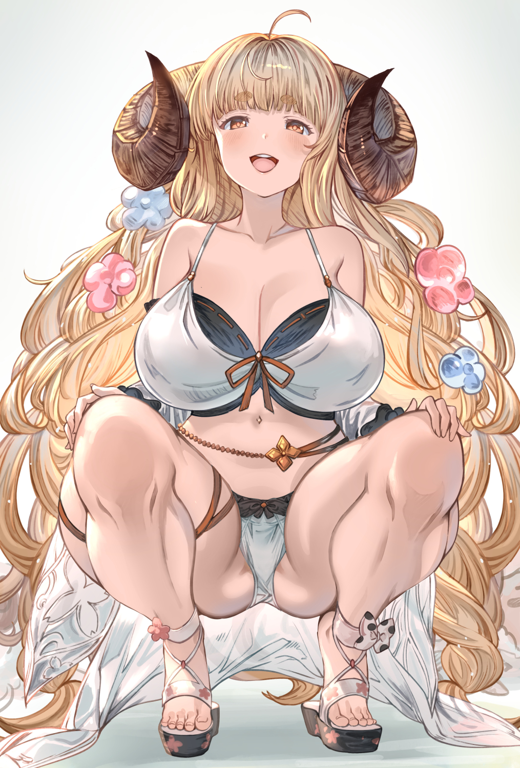 :d aldehyde anila_(granblue_fantasy) feet_up granblue_fantasy huge_ass huge_breasts huge_thighs open_toe_shoes sandals smile squatting swimsuit thick thick_thighs toes wide_hips