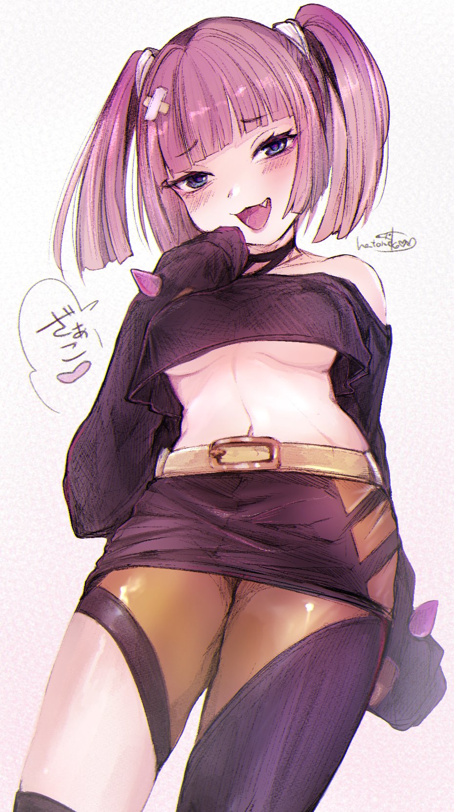 :3, 1girls, aged up, bandage, blush, blush lines, blushing at viewer, breasts, coral (pokemon), female, hatoneko00, japanese text, leggings, light skin, light-skinned female, oerba yun fang, pink hair, pokemon, pokemon (anime), pokemon horizons, skirt, suggestive, suggestive look, thick thighs, twintails