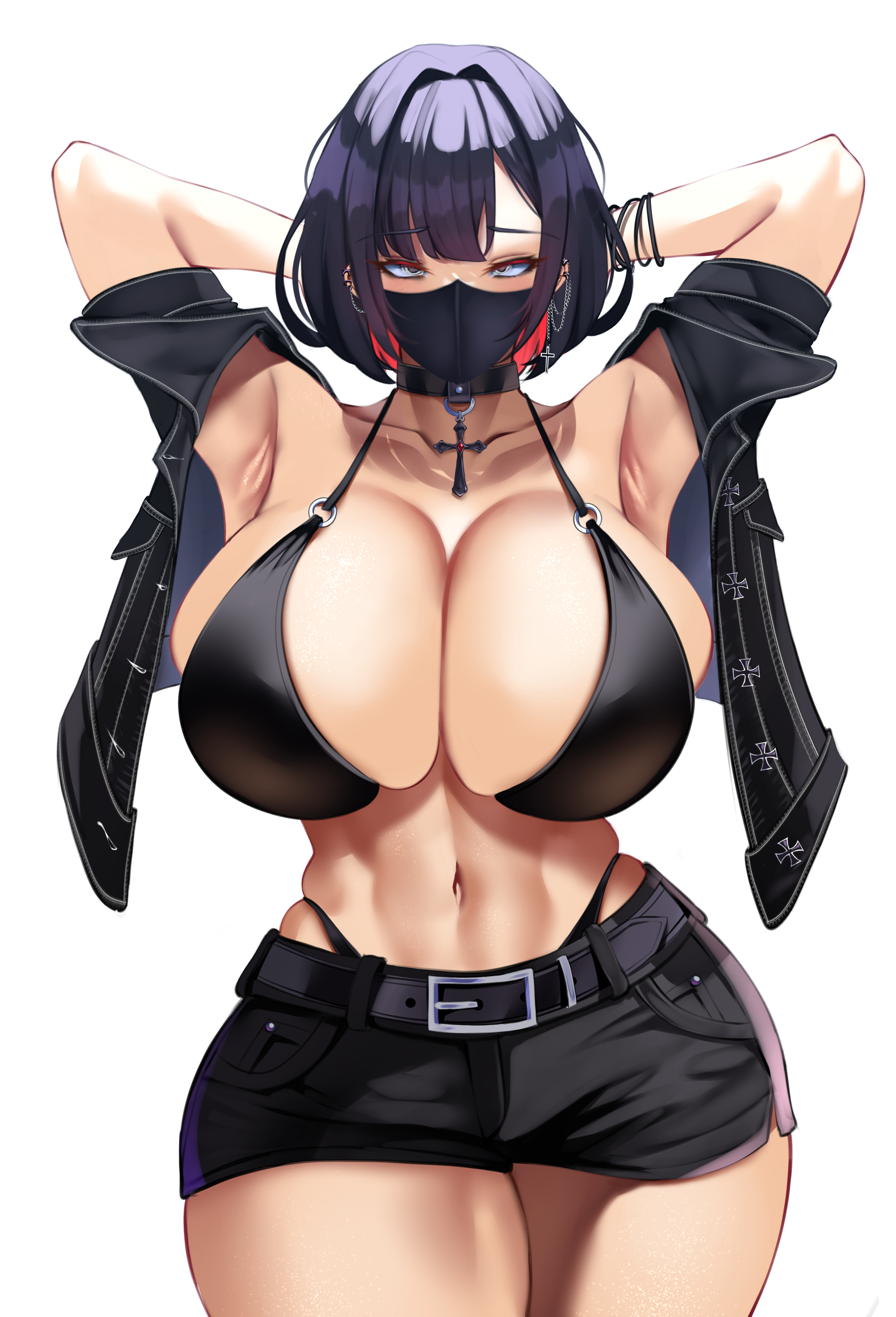 armpits, arms behind head, athletic, athletic female, belt, blue eyes, blue hair, bra, breasts, collar, colored inner hair, cowboy shot, cross, dark blue hair, earrings, face mask, female, hourglass figure, huge breasts, jacket open, karma3009, navel, open jacket, rings, shorts, skindentation, slender waist, thick thighs, wide hips