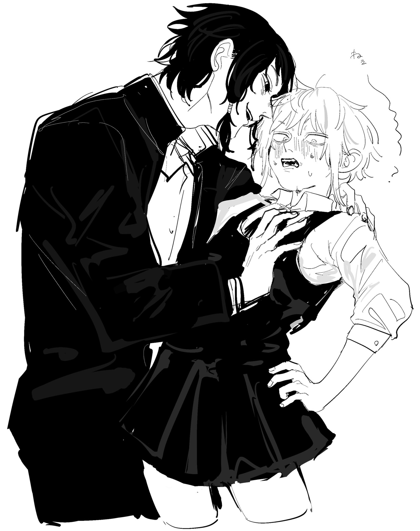1boy, 1girls, breasts, chainsaw man, denji (chainsaw man), female, female denji, genderswap, genderswap (ftm), genderswap (mtf), groping breasts, male, mifune fumiko, rule 63, shocked, smile, straight