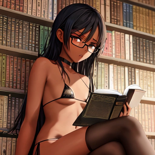 1girls ai_generated aihentai.co anything_diffusion black_hair book breasts choker concerned dark_skin dark_skinned_female female glasses library micro_bikini nerd open_mouth original_character reading reading_book small_breasts solo stable_diffusion thighhighs