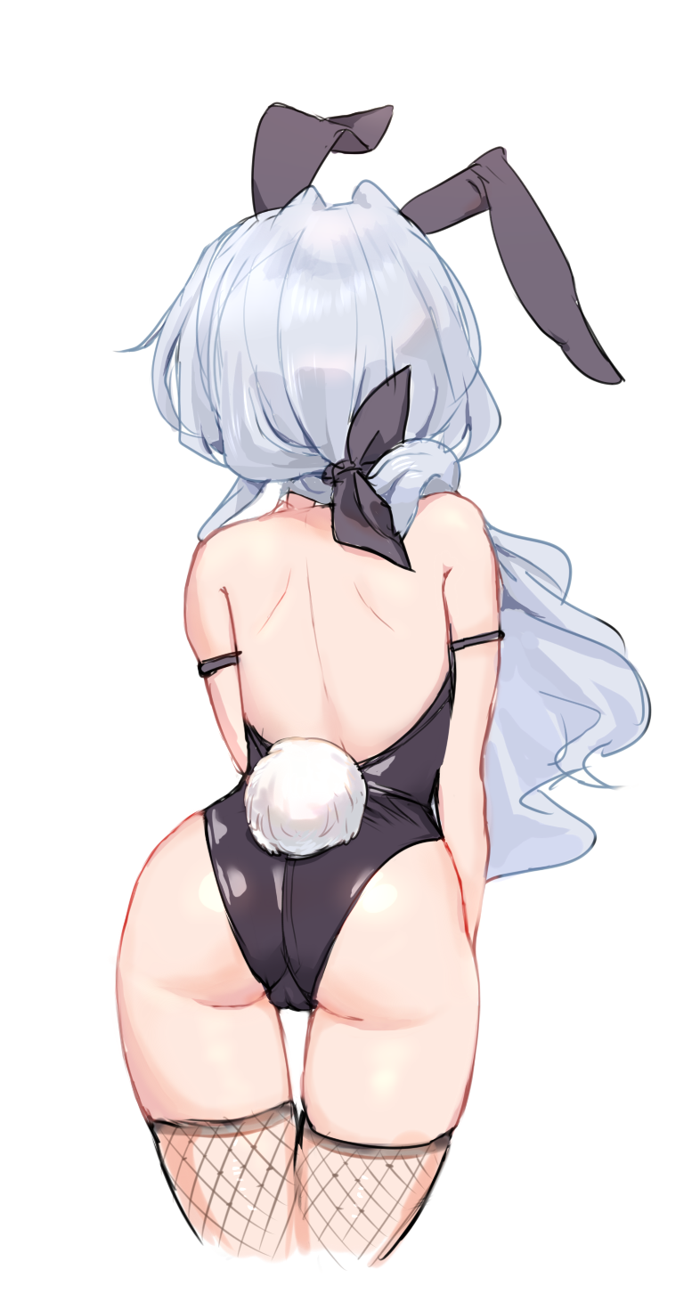 animal_ears armlet ass bare_shoulders cameltoe counter:side cowboy_shot cropped_legs female fishnet_thighhighs fishnets from_behind hair_over_shoulder highleg highleg_leotard highres horizon_(counter:side) leotard long_hair low_ponytail playboy_bunny pussy_visible_through_clothes pussy_visible_through_leotard rabbit_ears rabbit_tail shoulder_blades silver_hair simple_background solo tail thigh_gap thighhighs white_background yoopooh