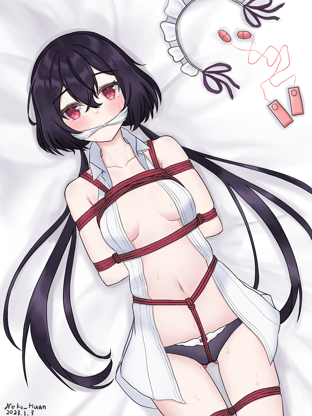 arms_behind_back bed black_hair black_panties blush bondage counter:side egg_vibrator gag lily_(counter:side) looking_at_viewer maid_headdress mouth_gag neko_huan on_back panties red_eyes rope rope_bondage sex_toy solo tied_legs tied_up twintails vibrator