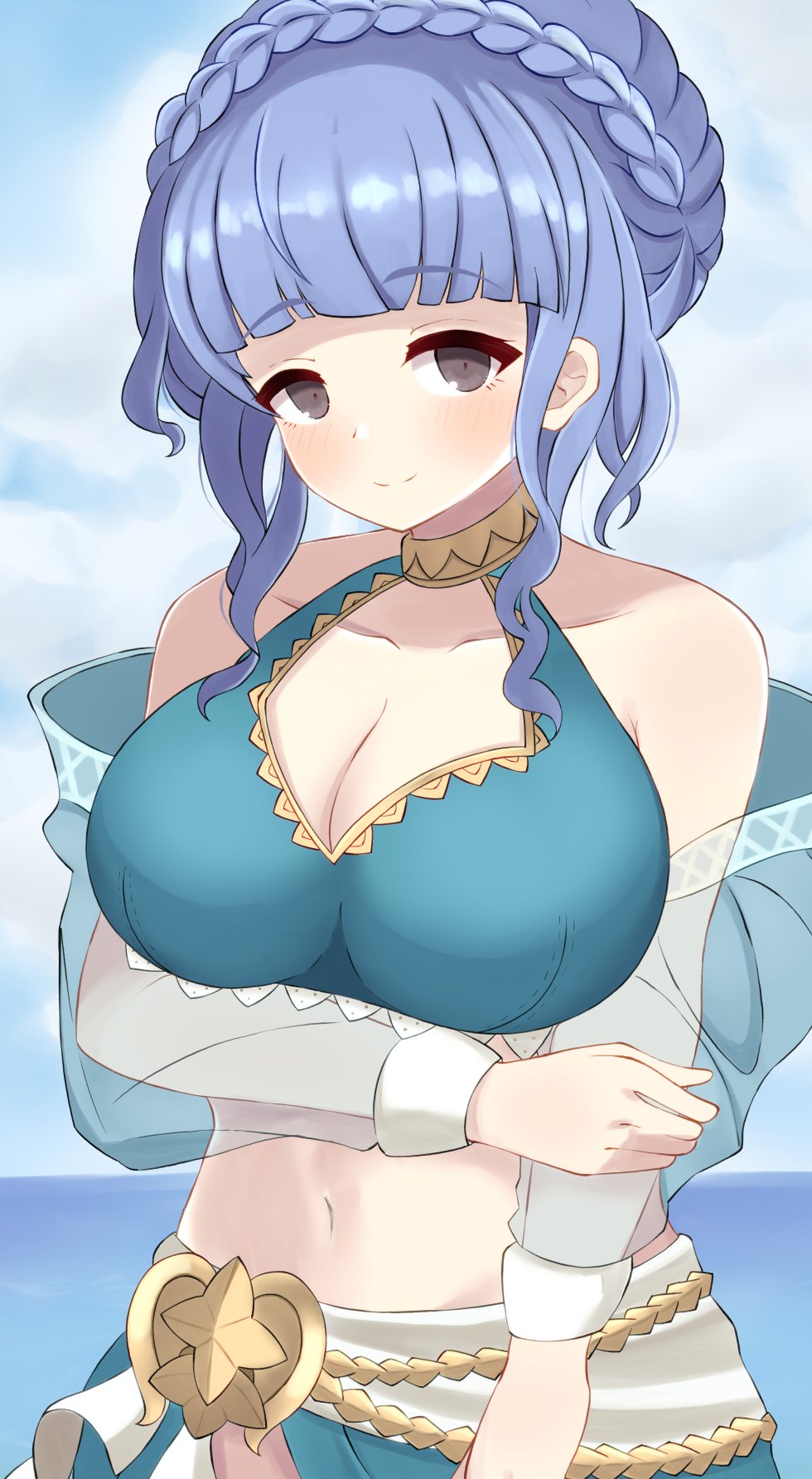 1girls alternate_costume bad_id bad_twitter_id bikini blue_bikini blue_hair blue_sarong blue_swimsuit breasts cleavage cloud cloudy_sky female female female_only fire_emblem fire_emblem:_three_houses fire_emblem_heroes grey_eyes highres kocha_(jgug7553) large_breasts marianne_von_edmund marianne_von_edmund_(summer) nintendo official_alternate_costume sarong sky swimsuit water