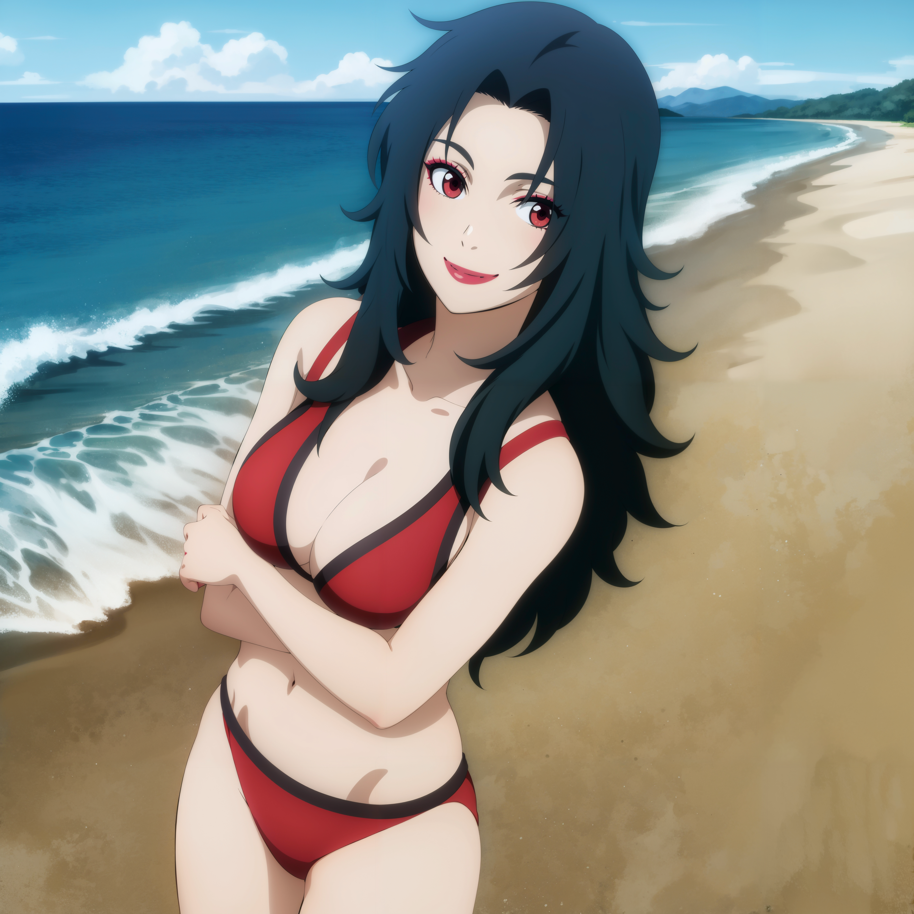 1girls, ai generated, bangs, beach, big breasts, big penis, bikini, bikini bottom, bikini top, black hair, breasts, chom, cleavage, crossed arms, female, female only, kurenai yuhi, lipstick, long hair, makeup, male, mature, mature female, milf, nai diffusion, naruto, naruto (series), naruto shippuden, ocean, outdoors, penis, pinup, red eyes, sand, sea, seaside, smile, solo, solo focus, stable diffusion, standing, swimsuit, water, yuuhi kurenai