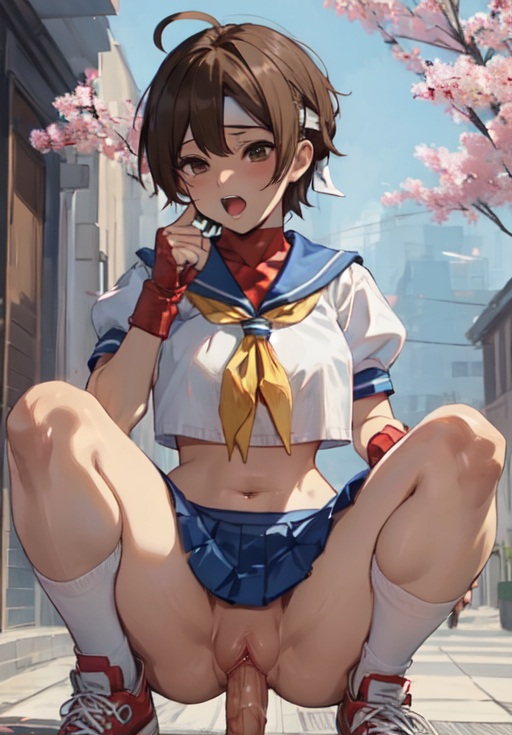 ai generated, aigeneratedp, cowgirl position, female, looking at viewer, male, male pov, penis, pov, pov eye contact, riding, riding penis, sailor uniform, sakura kasugano, skirt, spread legs, squatting, squatting cowgirl position, squatting on penis, street fighter