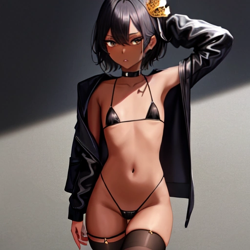 1girls ai_generated aihentai.co annoyed anything_diffusion choker female flat_chest leather_jacket micro_bikini navel open_mouth original_character posing small_breasts solo stable_diffusion thighhighs thong visible_ribs