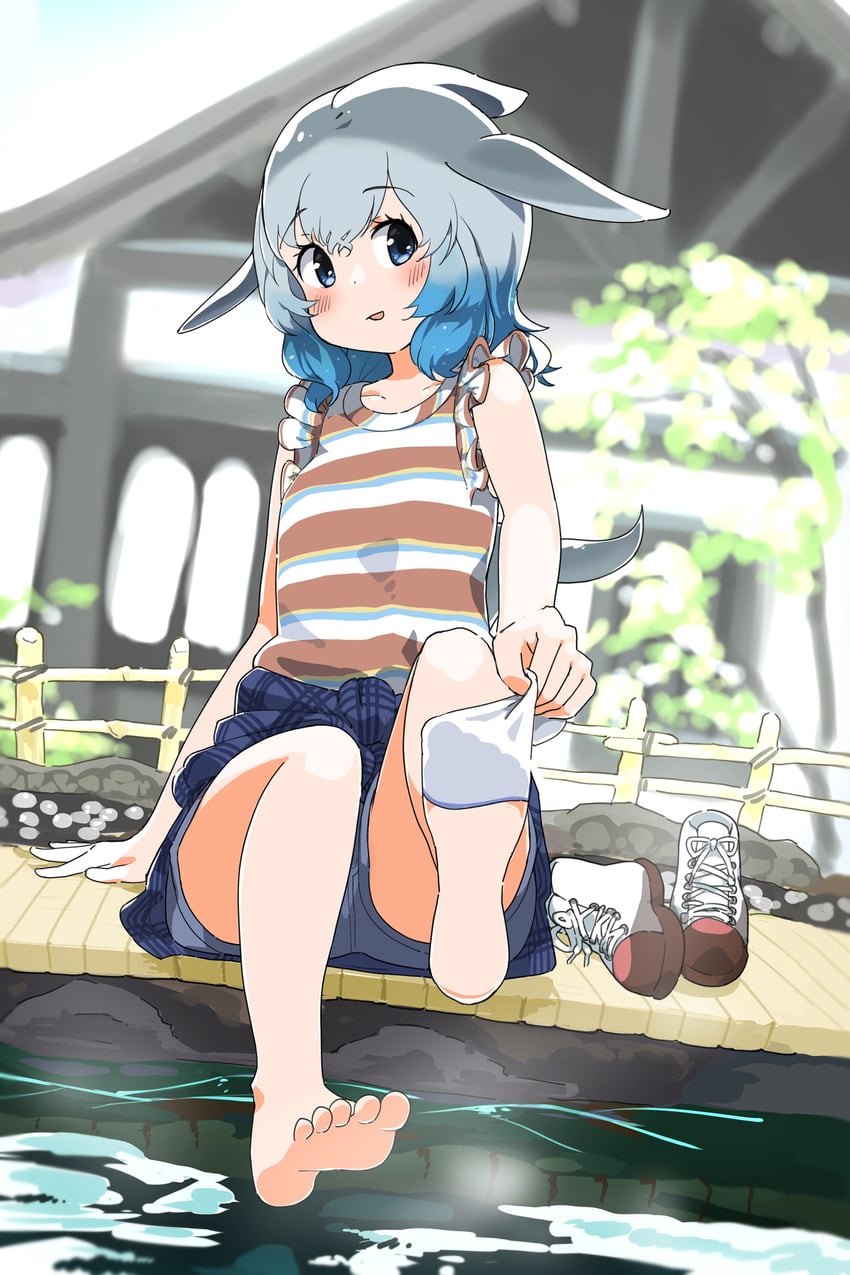 1girl 1girls absurd_res bare_shoulders barefoot blowhole blue_eyes blue_hair blue_shirt casual cetacean cetacean_tail common_bottlenose_dolphin_(kemono_friends) dorsal_fin feet female foot_fetish gradient_hair high_resolution highres iwa(iwafish) kemono_friends light-skinned_female light_skin multicolored_hair removing_sock shirt shoes small_breasts solo solo_female