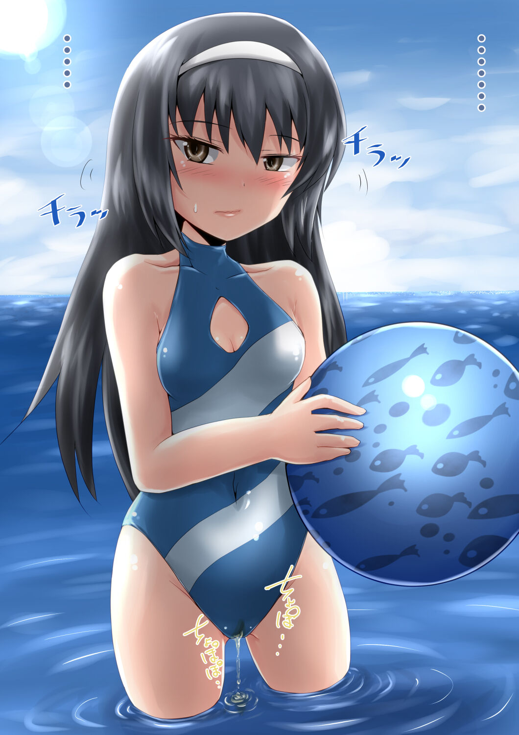 beach_ball girls_und_panzer hi_res holding_ball homare_(suzu_no_oka) ocean one-piece_swimsuit peeing peeing_in_water peeing_into_water peeing_self peeing_swimsuit peeing_through_clothing reizei_mako reupload standing_in_water swimsuit swimwear urinating urination urine urine_stream water wetting wetting_self