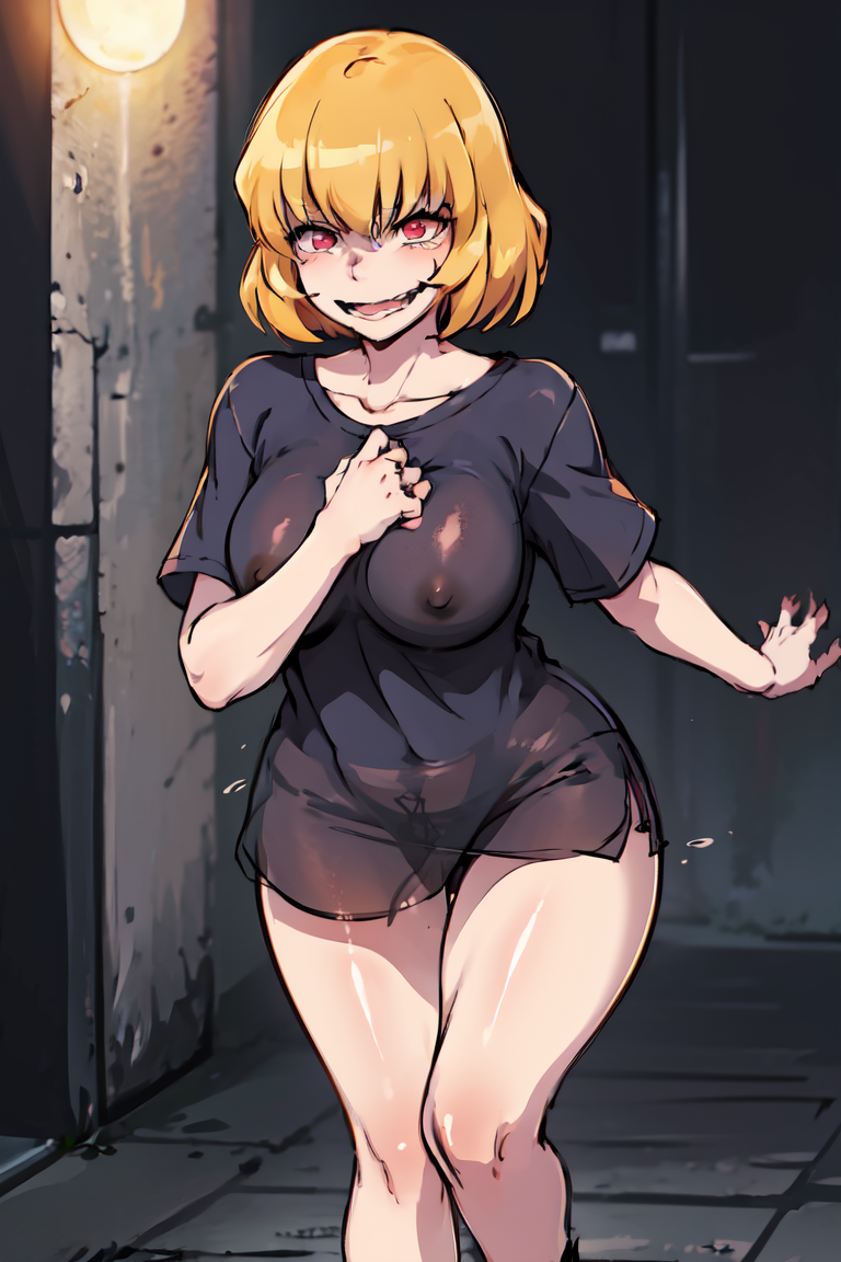 2:3 2:3_ratio ai_generated blonde_hair blonde_hair_female clementine_(overlord) emptytoothpastechan_(artist) eyebrows_visible_through_hair overlord_(maruyama) pale-skinned_female pale_skin red_eyes sadistic sadistic_girl sadistic_smile stable_diffusion tagme