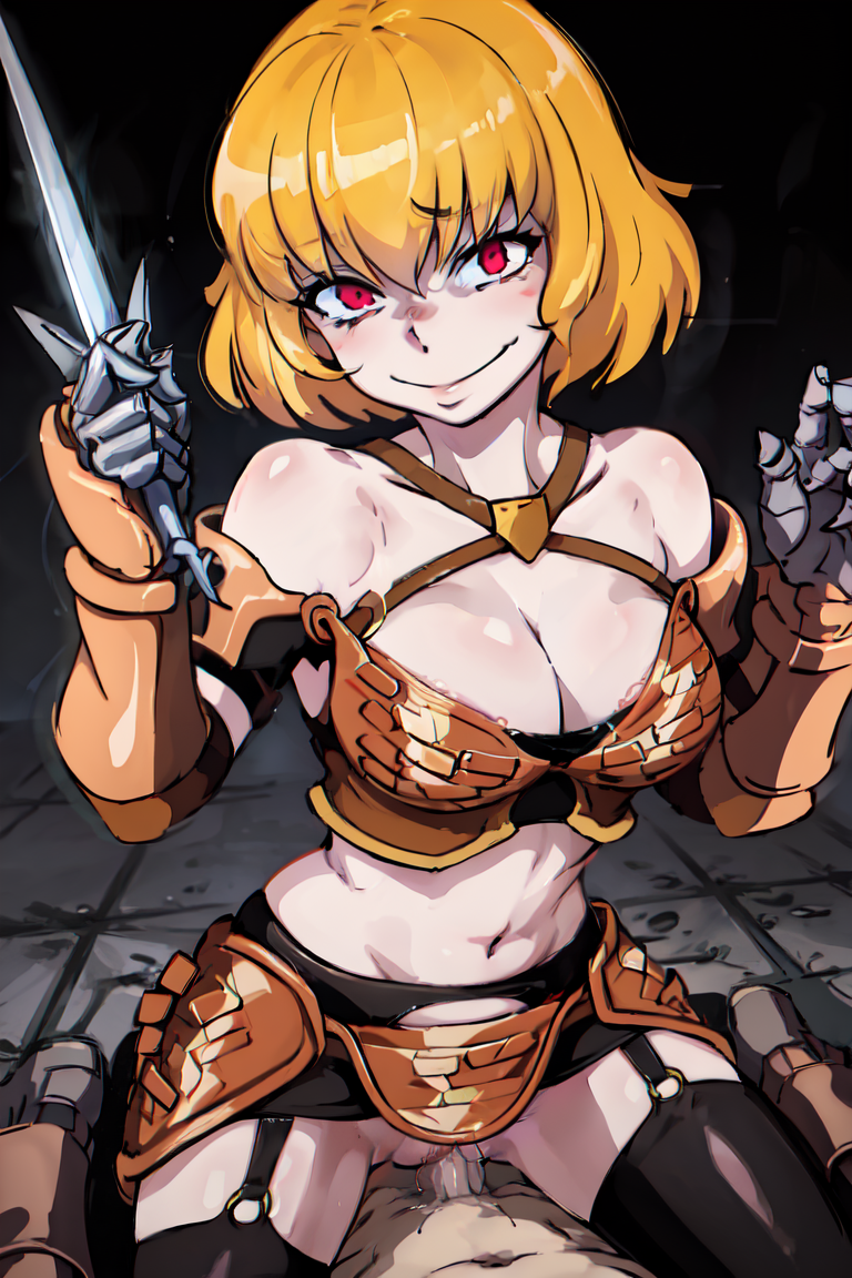 2:3 2:3_ratio ai_generated blonde_hair blonde_hair_female brandishing brandishing_weapon clementine_(overlord) dagger emptytoothpastechan_(artist) eyebrows_visible_through_hair overlord_(maruyama) pale-skinned_female pale_skin red_eyes sadistic sadistic_girl sadistic_smile stable_diffusion tagme threatening threatening_viewer vaginal_penetration weapon