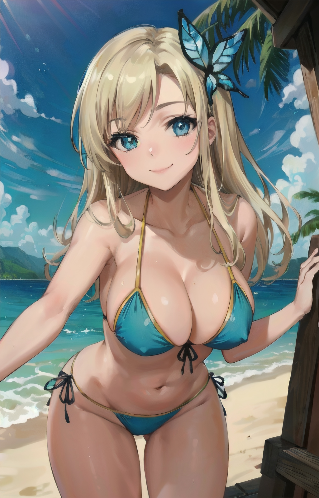 1girls 313aec ai_generated aqua_eyes beach bikini blonde_hair blush boku_wa_tomodachi_ga_sukunai breasts butterfly_hair_ornament cleavage cloud collarbone covered_nipples female groin hair_ornament human large_breasts leaning_forward long_hair looking_at_viewer navel sand sena_kashiwazaki side-tie_bikini smile solo stable_diffusion swimsuit water