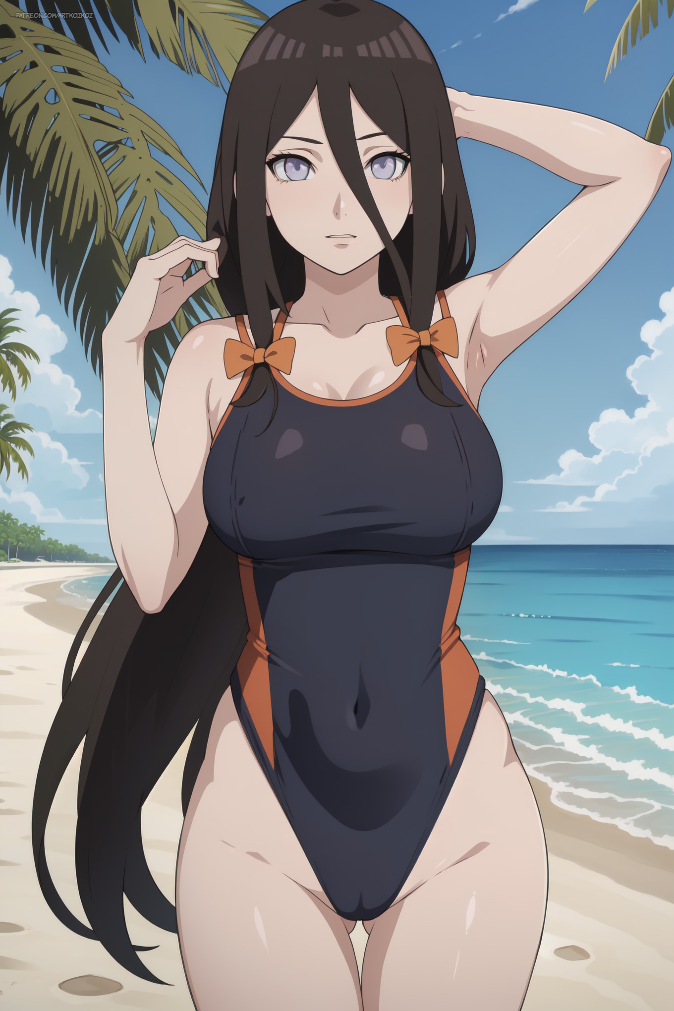1girls, ai generated, beach, boruto: naruto next generations, breasts, brown hair, cameltoe, female, female focus, hyuuga hanabi, koikoi, legs together, long hair, looking at viewer, nai diffusion, naruto, naruto (series), one-piece swimsuit, outdoors, palm tree, purple eyes, pussy, seaside, solo, stable diffusion, swimsuit, very long hair, voluptuous