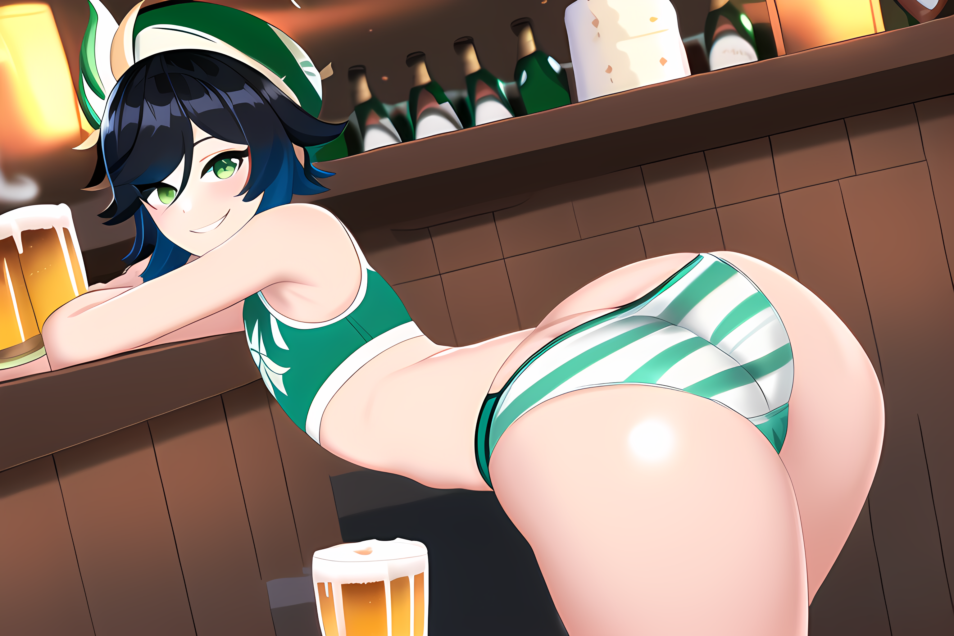 1boy, ai generated, alcohol, ass, ass focus, beer, beer mug, bent over, big ass, big butt, crop top, curvaceous, curvy, curvy figure, femboy, genshin impact, girly, male, male only, novelai, panties, pov, smile, smiling, smiling at viewer, tavern, venti (genshin impact)