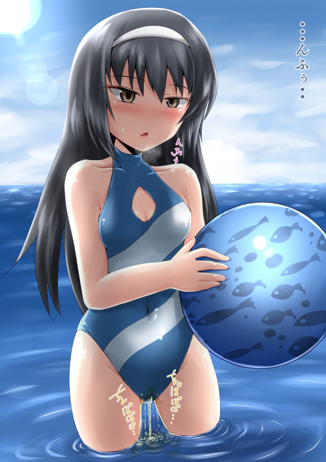 beach_ball girls_und_panzer hi_res holding_ball homare_(suzu_no_oka) ocean one-piece_swimsuit peeing peeing_in_water peeing_into_water peeing_self peeing_swimsuit peeing_through_clothing reizei_mako reupload standing_in_water swimsuit swimwear translation_request urinating urination urine urine_stream water wetting wetting_self