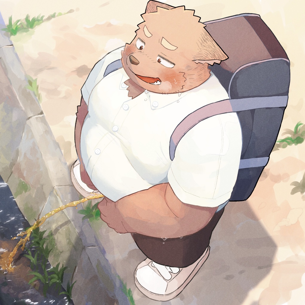 2023 anthro backpack belly big_belly blush bodily_fluids bottomwear brown_body canid canine canis chocobibear clothing detailed_background domestic_dog genital_fluids kemono male mammal outside overweight overweight_male pants peeing shirt solo topwear urine