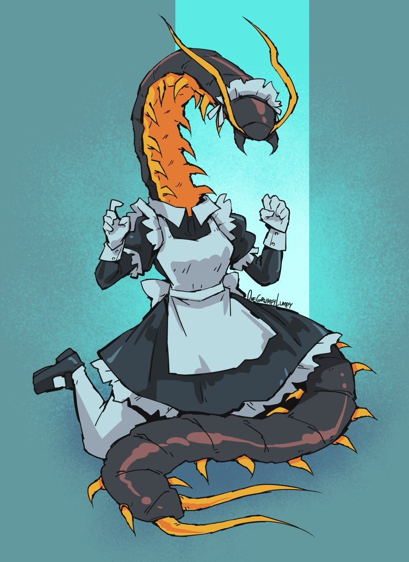 antennae, anthro, anthro only, blue background, centipede, female, insect girl, insect humanoid, insects, maid, maid apron, maid headdress, maid outfit, maid uniform, nightmare waifu, on knees, onegrumpylumpy