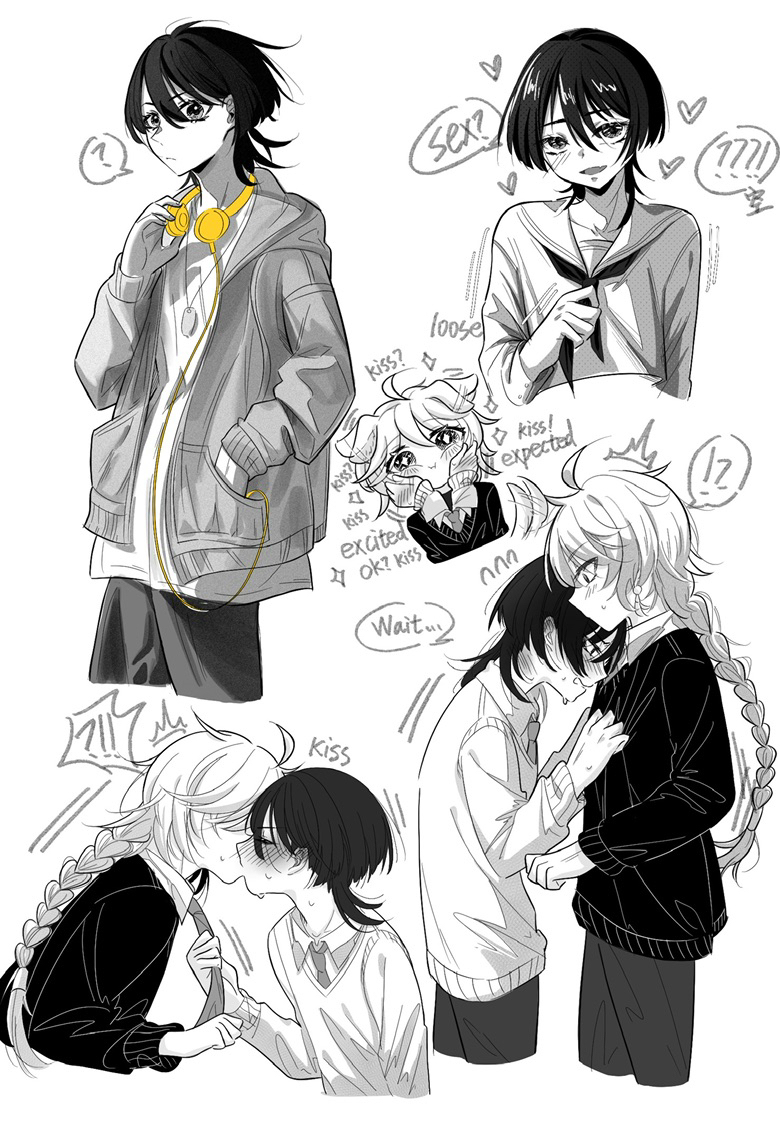 2boys, aether (genshin impact), blush, english text, gay, genshin impact, greyscale, kissing, male, male only, monochrome, necktie pull, scaramouche (genshin impact), text bubble, twink, yaoi