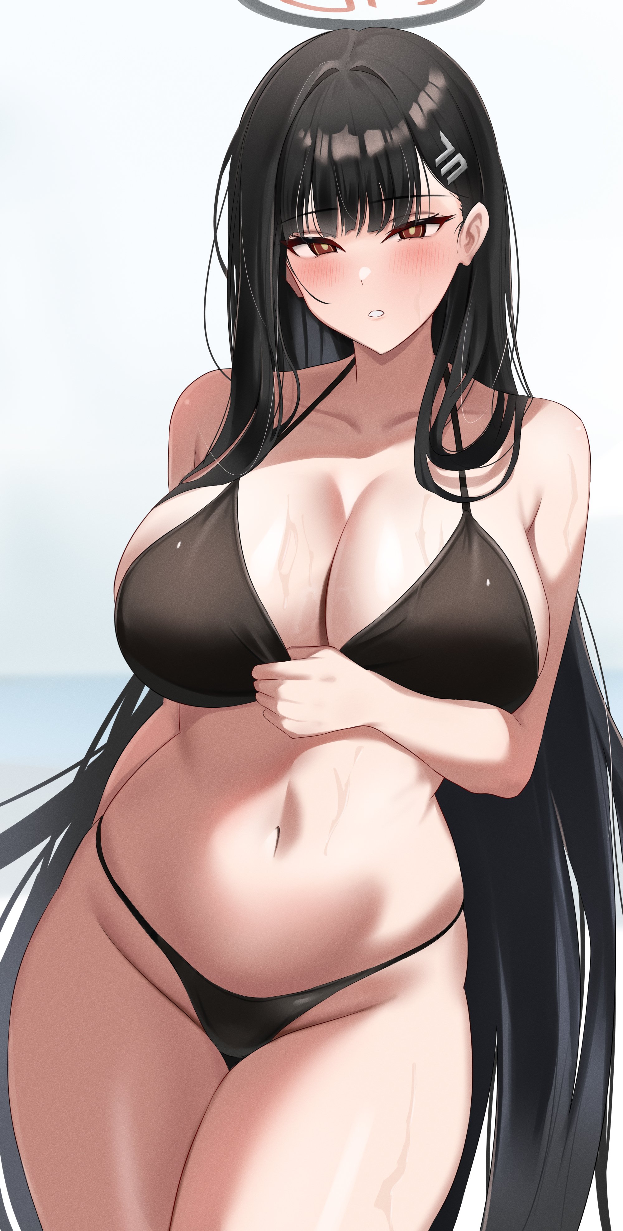1girls, artist request, athletic, athletic female, belly button, bikini, black bikini, blue archive, blush, blush lines, blushing, breasts, cowboy shot, female, female only, huge breasts, light skin, light-skinned female, millennium science school student, rio (blue archive), seminar (blue archive), slender waist, solo, swimsuit, thick thighs, wet skin, white pupils, wide hips
