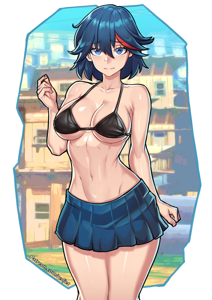 1girls, bare arms, bare shoulders, black bra, blue eyes, blue skirt, blush, bra, breasts, cleavage, collarbone, cowboy shot, day, embarrassed, female, groin, hand up, house, kill la kill, large breasts, looking at viewer, matoi ryuuko, miniskirt, multicolored hair, navel, red hair, redjet, shiny skin, short hair, skirt, solo, standing, stomach, streaked hair, two-tone hair, underwear, web address
