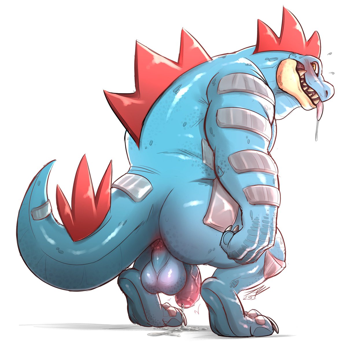 anus ass balls blue_body blue_scales bodily_fluids crazydrak crocodilian dripping drooling erection feraligatr generation_2_pokemon genital_fluids genitals hi_res humanoid_genitalia humanoid_penis male nintendo ordile penis pokemon pokemon_(species) precum precum_drip rear_view reptile saliva scales scalie semi-anthro sharp_teeth solo standing teeth tongue tongue_out