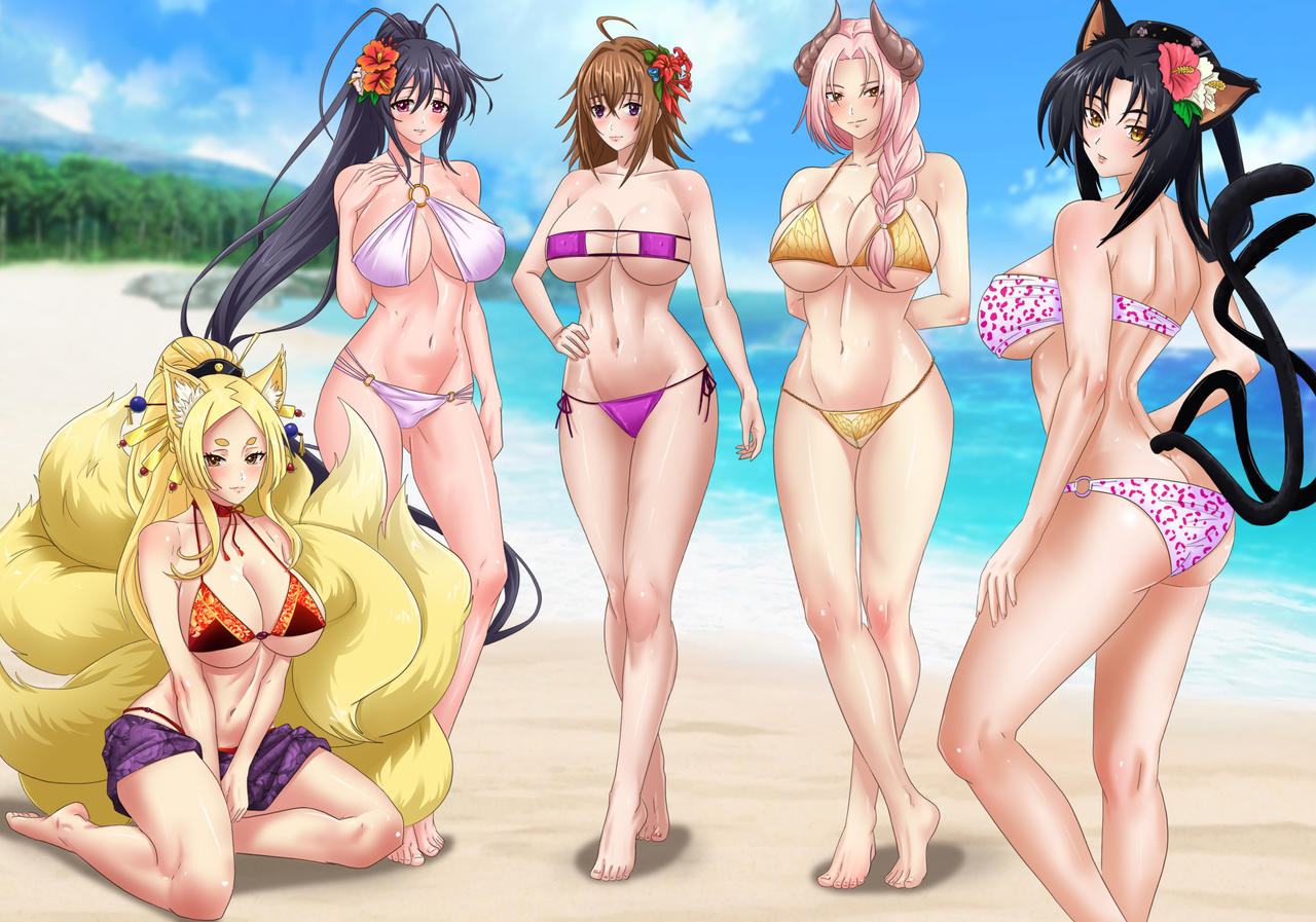 5girls akeno_himejima amenoosa beach bikini black_hair blonde_hair brown_hair cat_ears cat_tail fox_ears fox_girl fox_tail harem high_school_dxd huge_breasts kitsune kuroka_(high_school_dxd) large_breasts long_hair multiple_girls multiple_tails pink_hair roygun_belphegor seaside venelana_gremory voluptuous yasaka_(high_school_dxd)