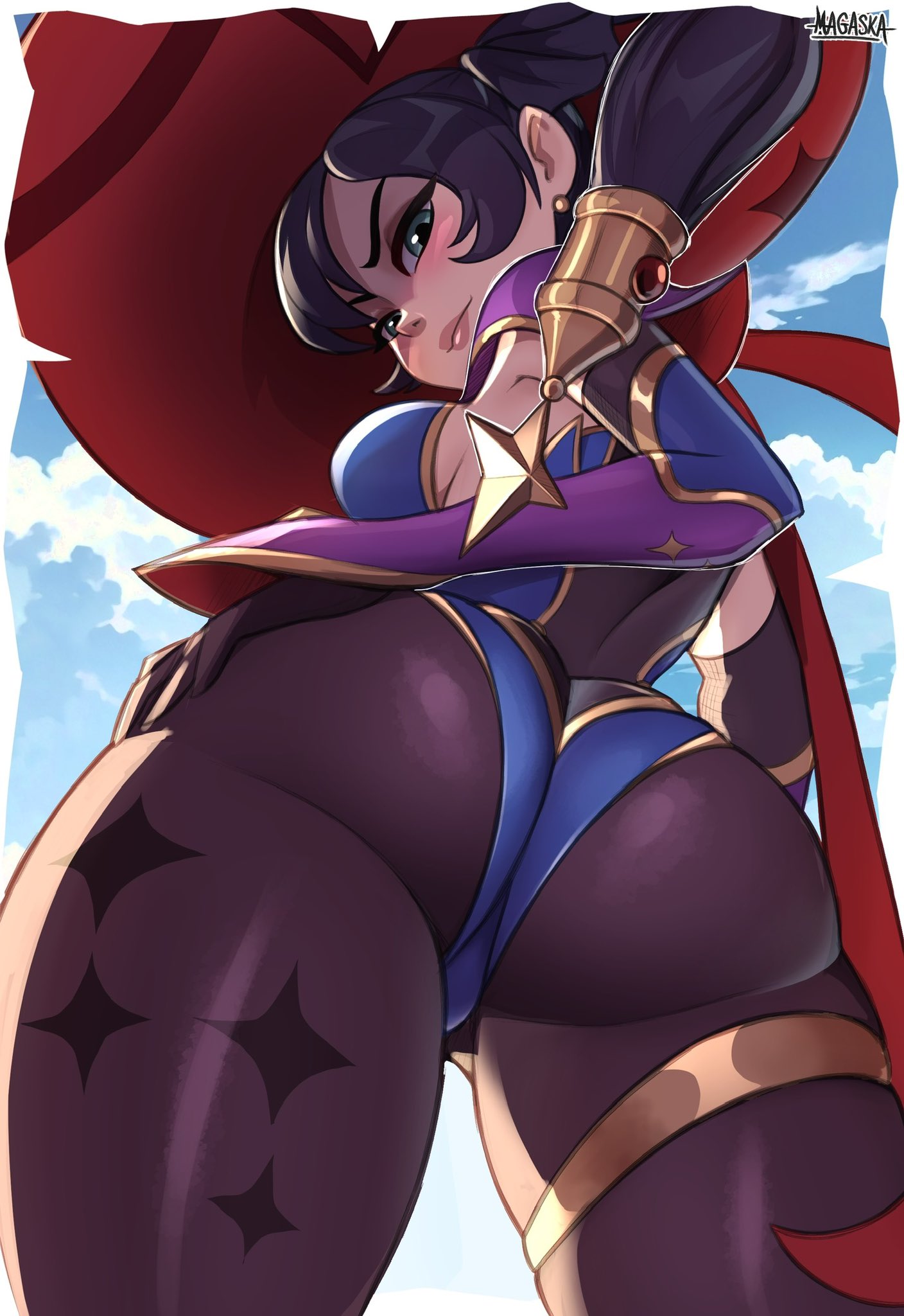 1girls, ass, ass focus, black hair, female, female only, from below, genshin impact, hat, large ass, large hat, leotard, light skin, light-skinned female, long hair, looking back, looking down, low-angle view, magaska19, mona (genshin impact), outdoors, sky, solo, solo female, standing, thick thighs, tight clothing, tights, twintails, witch, witch hat