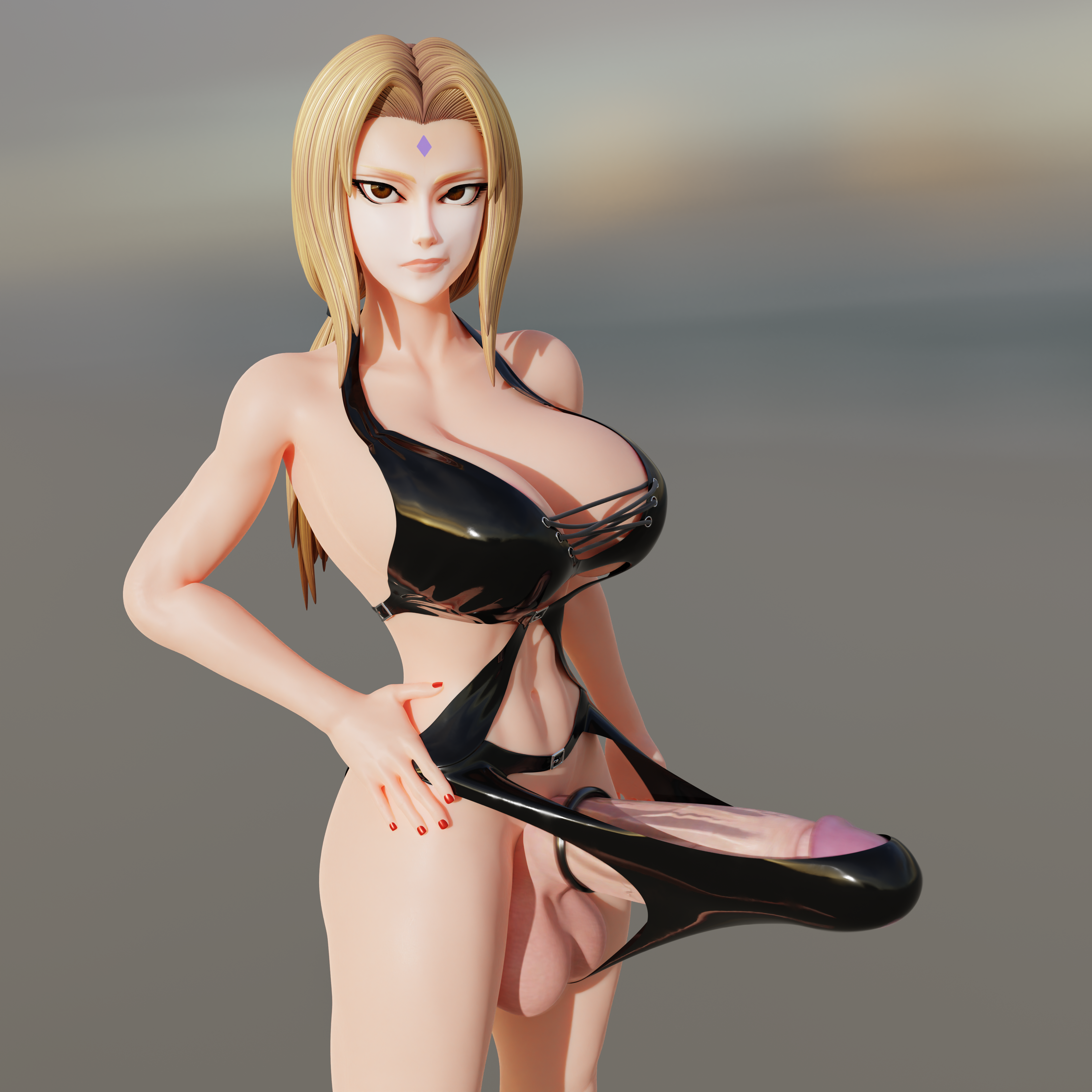 3d, bulge, bulge through clothing, cock ring, erect penis, erection, futa only, futanari, intersex, looking at viewer, manufatura, naruto, naruto (series), naruto shippuden, penis, posing, self upload, swimsuit, tsunade, veins, veins on dick