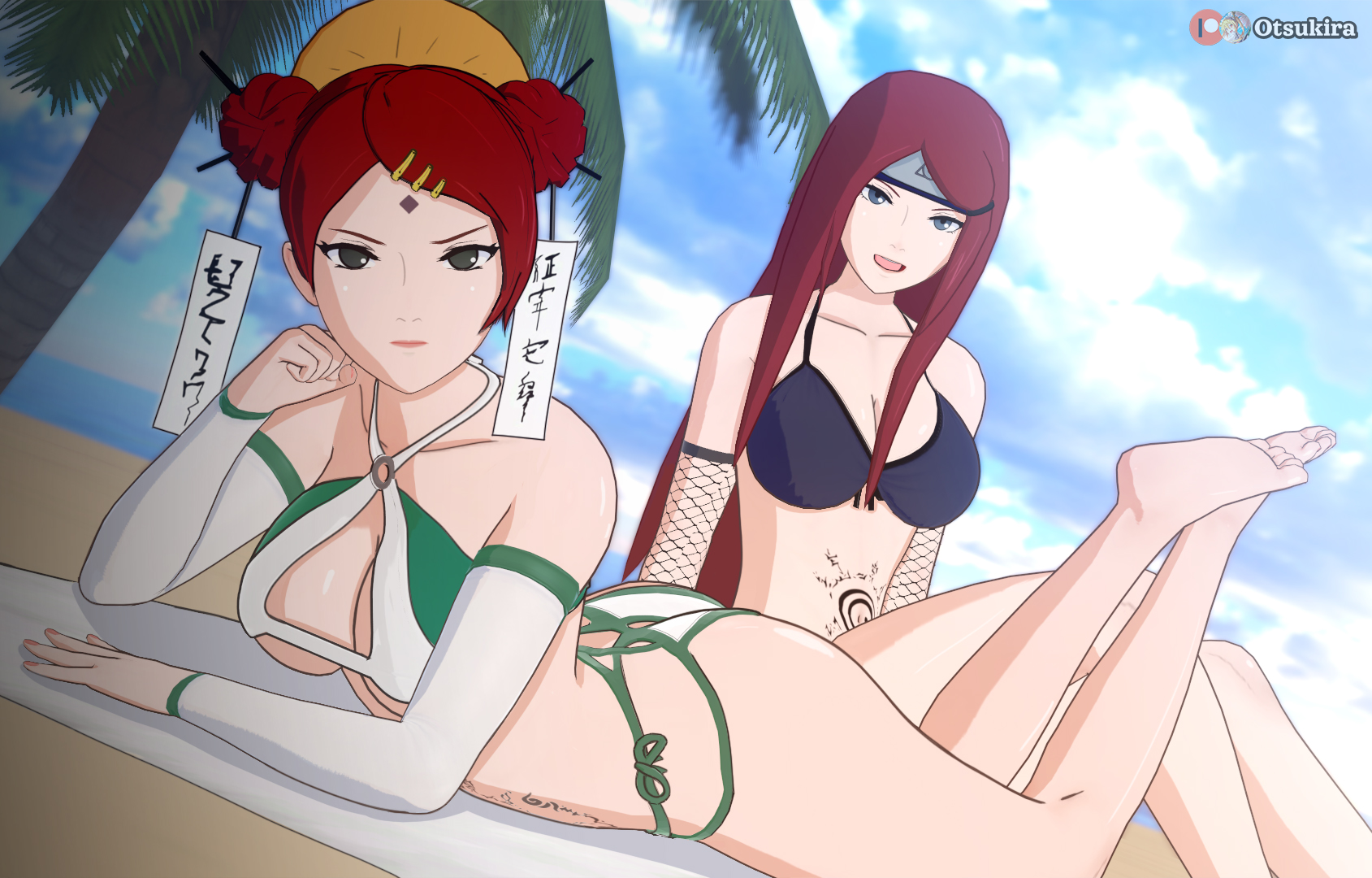 2girls, arm warmers, bare legs, bare shoulders, barefoot, beach, bikini, black eyes, blue eyes, breasts, cleavage, detached sleeves, double bun, feet up, female, fishnets, gilf, hair ornament, hairclip, headband, headdress, huge breasts, koikatsu, kunoichi, lipstick, lying, makeup, milf, multiple females, multiple girls, naruto, naruto (series), naruto shippuden, ninja, on stomach, otsukira, pose, posing, seaside, smile, stomach tattoo, swimsuit, tattoo, the pose, twin buns, underboob, uzumaki kushina, uzumaki mito, voluptuous
