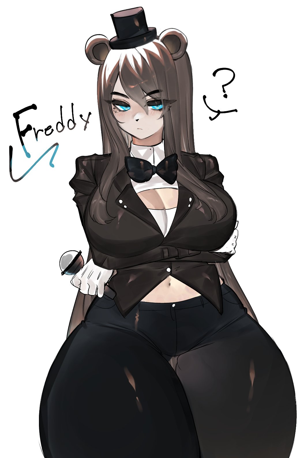 ?, arms crossed, arms crossed under breasts, ass, bear, bear ears, bear girl, big ass, big breasts, big butt, blank background, blue eyes, breasts, brown hair, female, five nights at freddy's, freddy (fnaf), freddy fazbear, long hair, microphone, plain background, rule 63, solo, thick ass, thick thighs, toge77789, togetoge, top hat, white background, wide hips, wide thighs