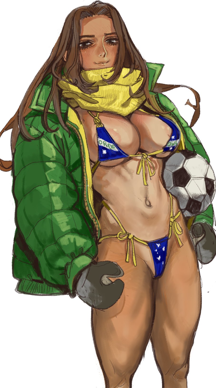 1girls big_breasts bikini bikini_bottom bikini_top black_mittens boob_window brazil brazil_(ohasi) brazilian brazilian_female brazilian_flag brazilian_flag_bikini breasts breasts_bigger_than_head brown_hair cleavage coat curvy curvy_female curvy_figure dark-skinned_female dark_skin female female_only flag_bikini flag_print flag_print_bikini flag_print_swimsuit football football_(ball) green_coat green_jacket hoop_earrings jacket latina long_hair mittens mossa navel nipple_bulge nipple_slip nipples nipples_visible_through_clothing ohasi open_coat open_jacket scarf sitting smile smiling soccer soccer_ball solo solo_female tan-skinned_female tan_body tan_skin tanline tanned text thin_waist voluptuous yellow_scarf