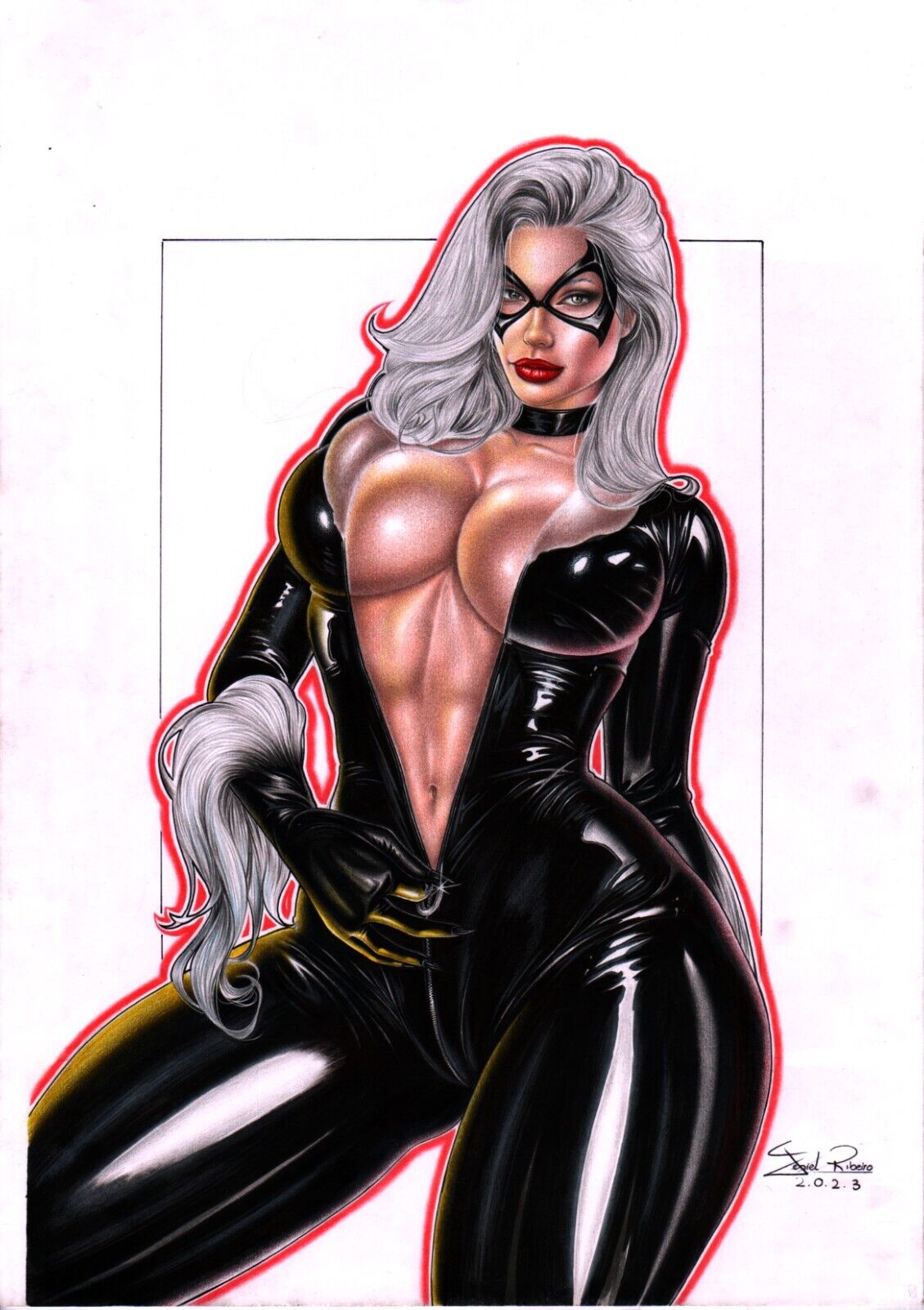 1girls, 2023, big breasts, black cat (marvel), breasts, cleavage, ed benes studio, felicia hardy, female, female focus, female only, gesiel ribeiro, highres, huge breasts, latex suit, long hair, looking at viewer, marvel, marvel comics, mask, solo, spider-man (series), voluptuous, voluptuous female, white hair