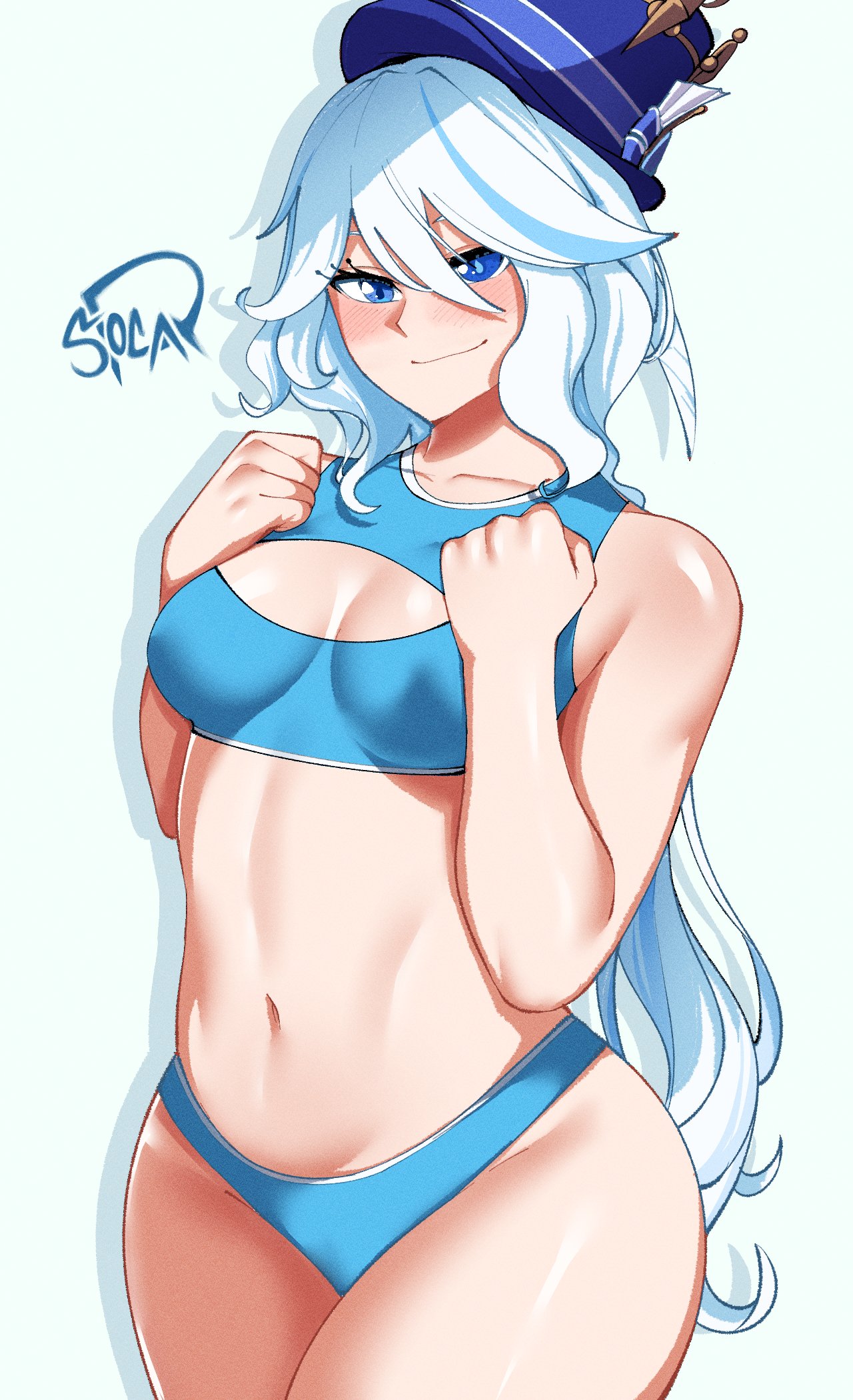 1girls, bikini, blue eyes, breasts, fake (artist), female, furina (genshin impact), genshin impact, hat, hi res, long hair, smile, thick thighs, white hair, wide hips