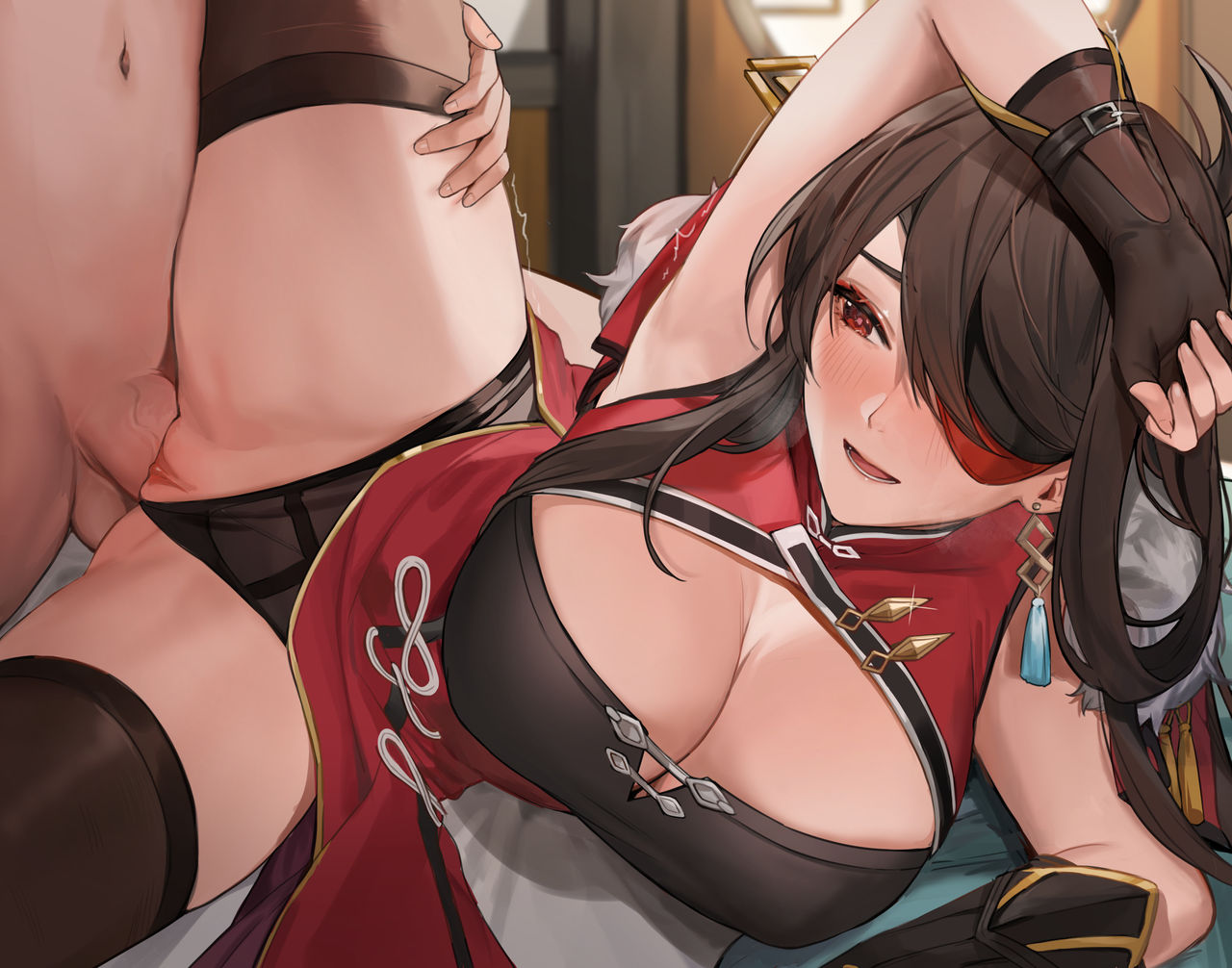 1boy, 1girls, bed, beidou (genshin impact), brown hair, clothed, clothed female, clothed female nude male, female, genshin impact, light skin, light-skinned female, light-skinned male, male, muunai, nude, nude male, on bed, sex, spread legs, tagme
