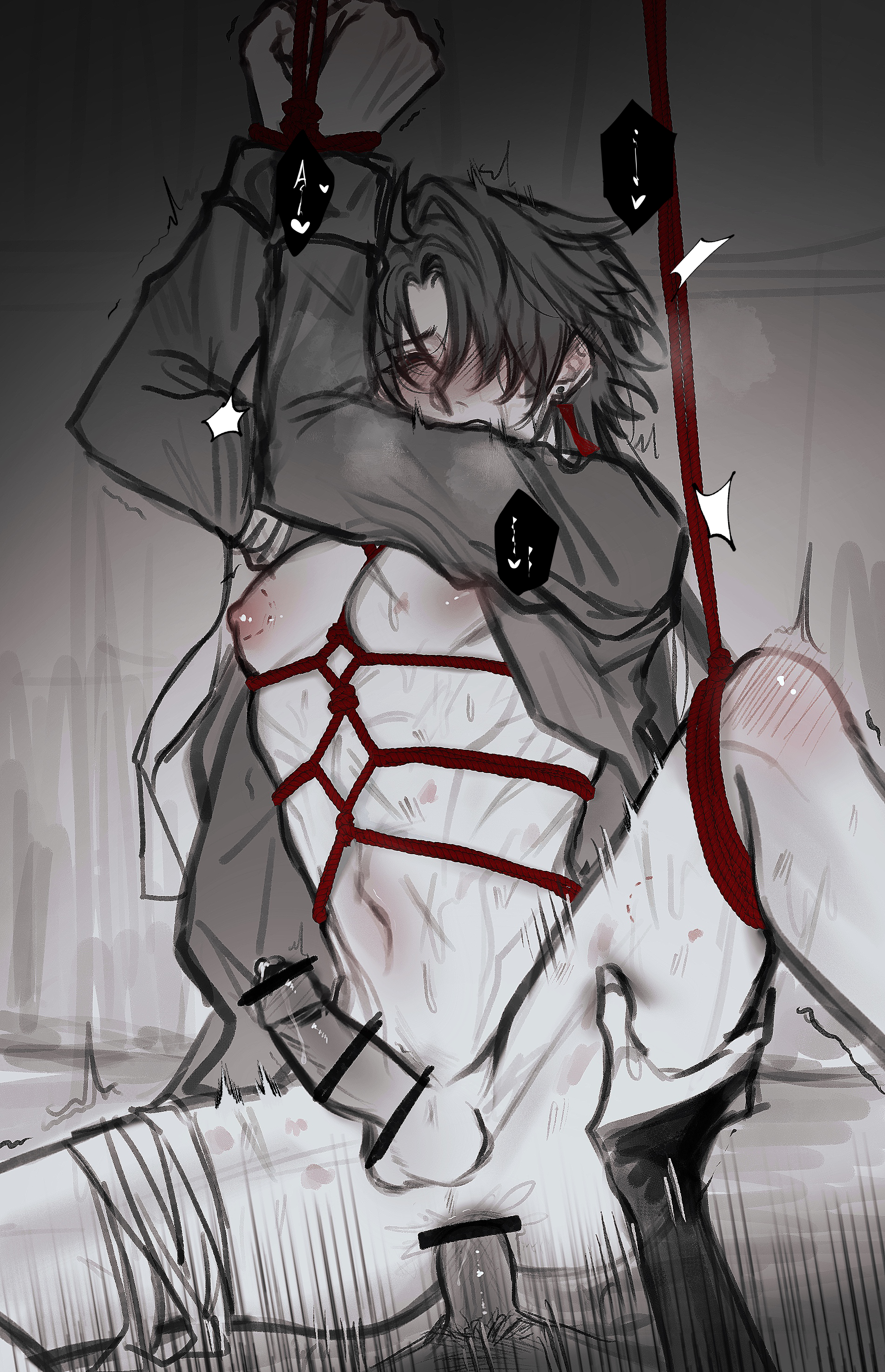 2boys, anal, anal sex, arms above head, arms tied, black hair, blade (honkai: star rail), blush, bondage, dan092 , gay, honkai (series), honkai: star rail, jing yuan, leg grab, male, male only, male/male, moaning, pecs, rope, rope bondage, shaking, yaoi